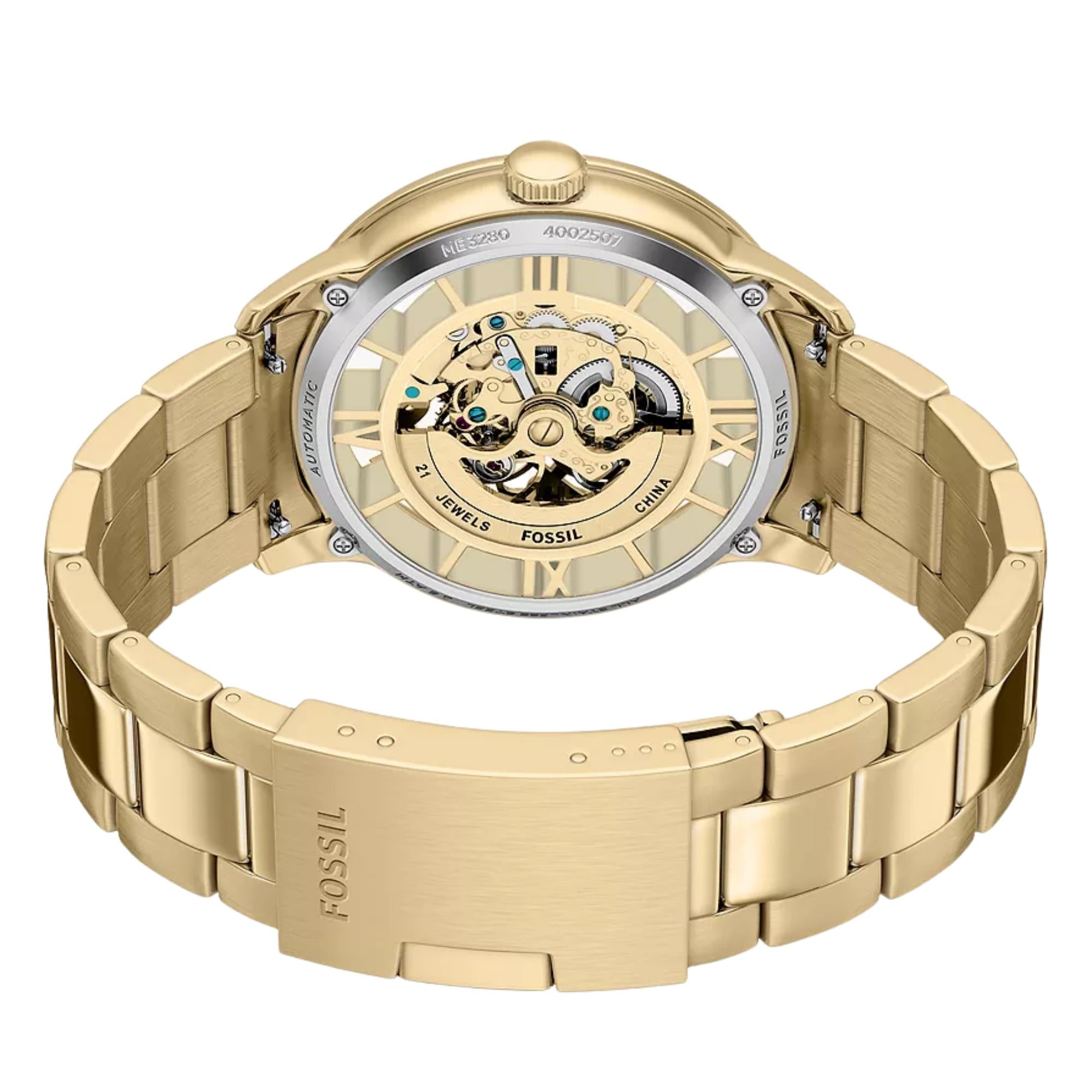 Fossil Townsman 44mm Skeleton Gold Dial Steel Mens Quartz Watch ME3280