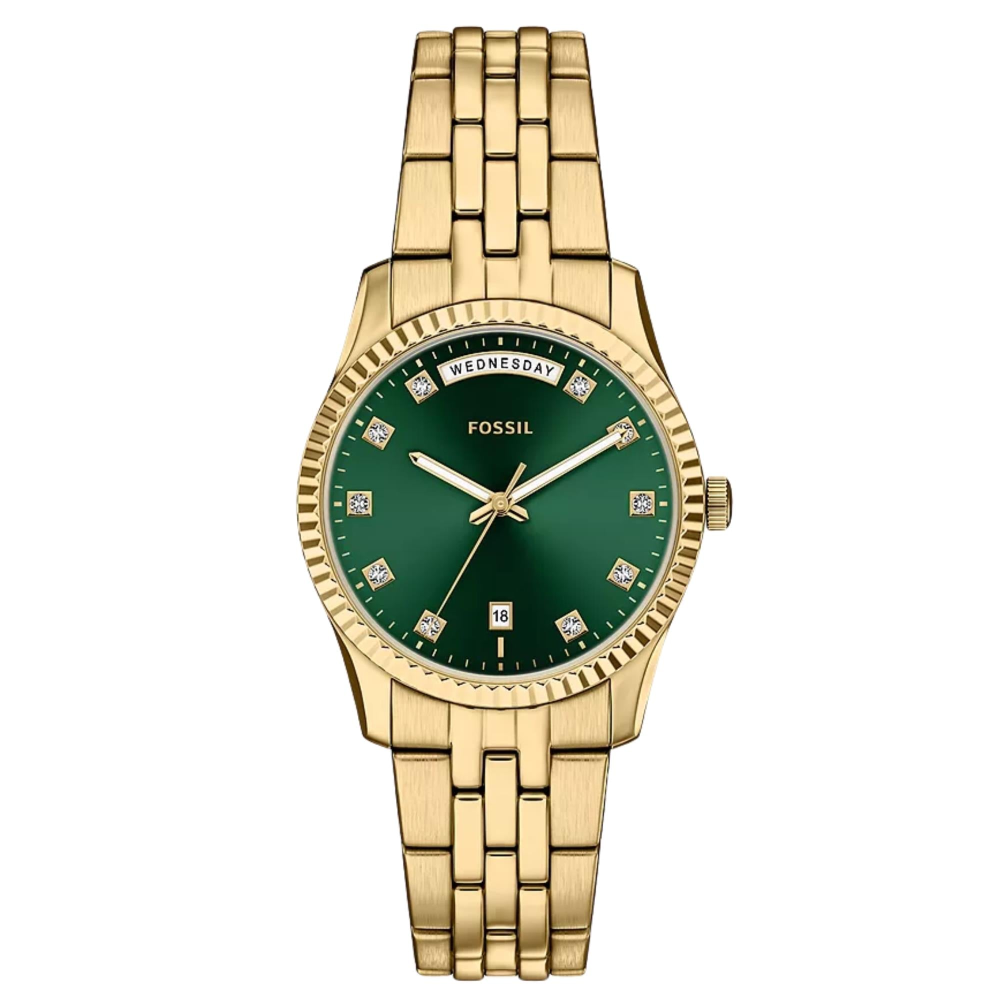 Fossil Scarlette 34mm Green Dial Steel Ladies Quartz Watch ES5460