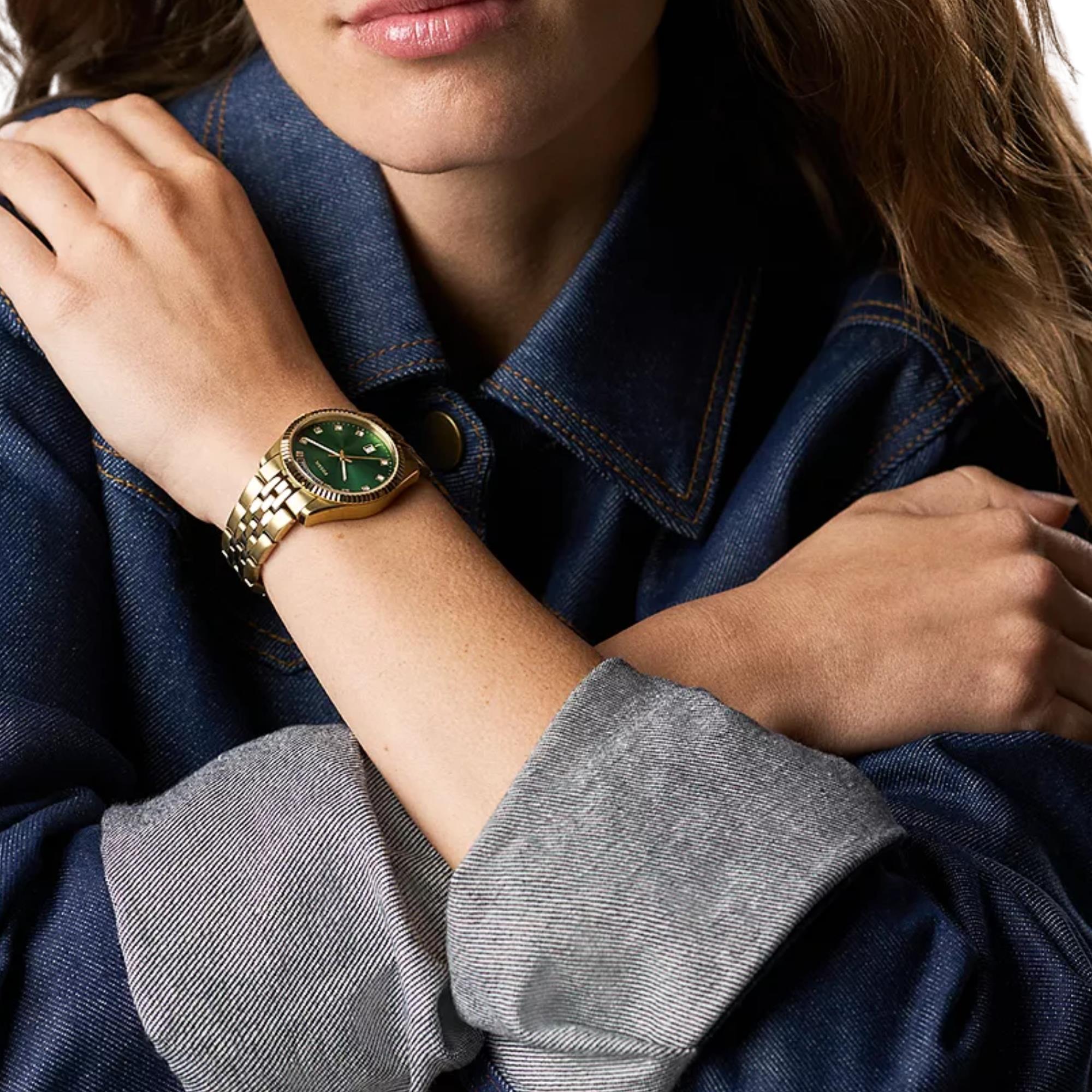 Fossil Scarlette 34mm Green Dial Steel Ladies Quartz Watch ES5460