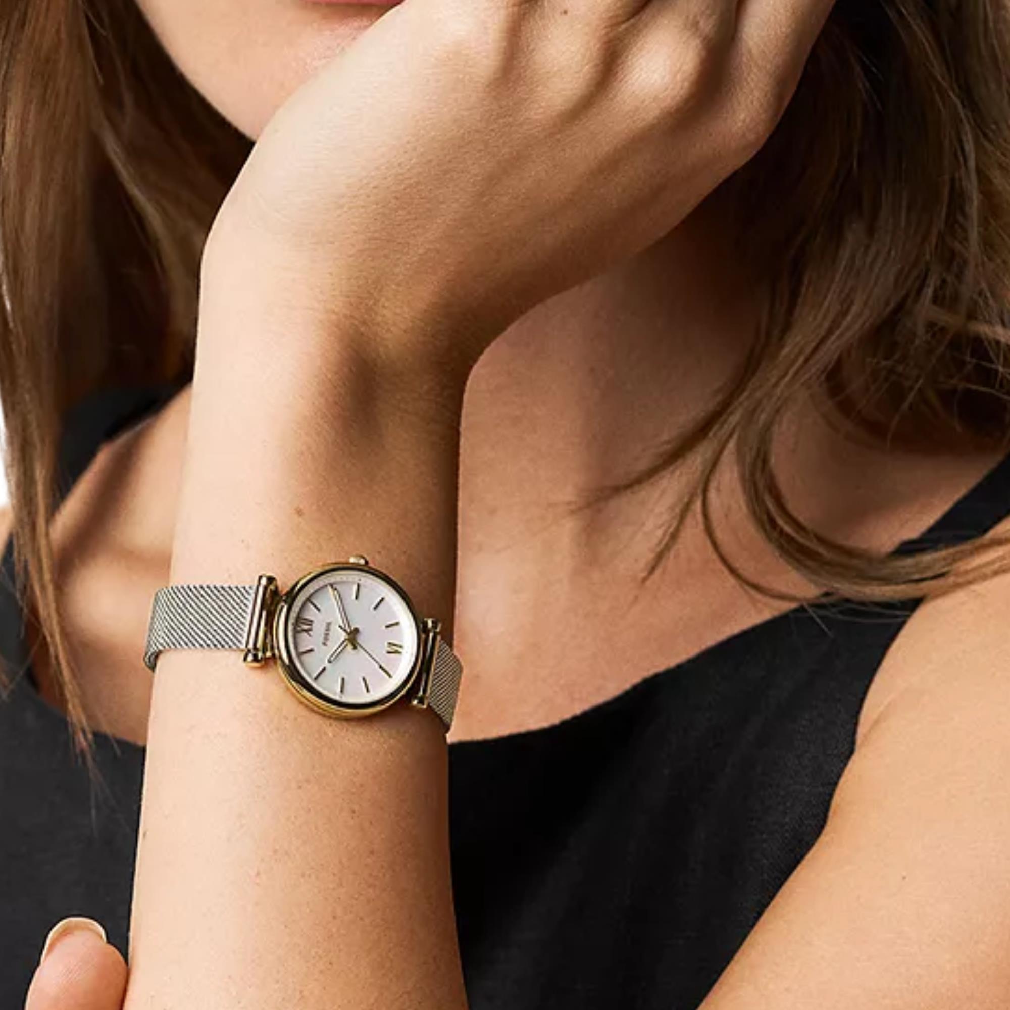 Fossil Carlie 28mm Mother of Pearl Dial Steel Ladies Quartz Watch ES5463