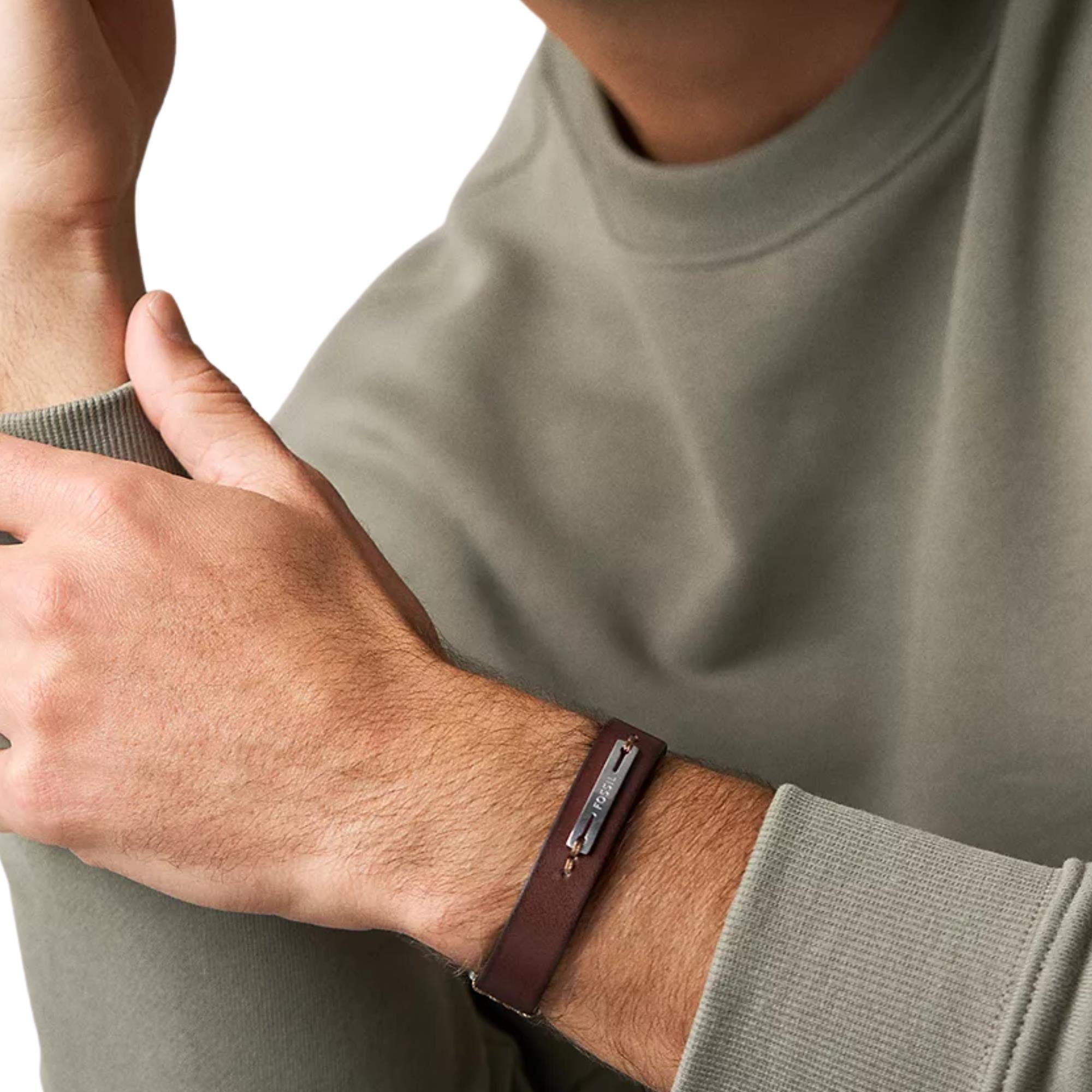 Fossil Machine Rugged Green and Brown Leather Strap Men's Bracelet JF04963040