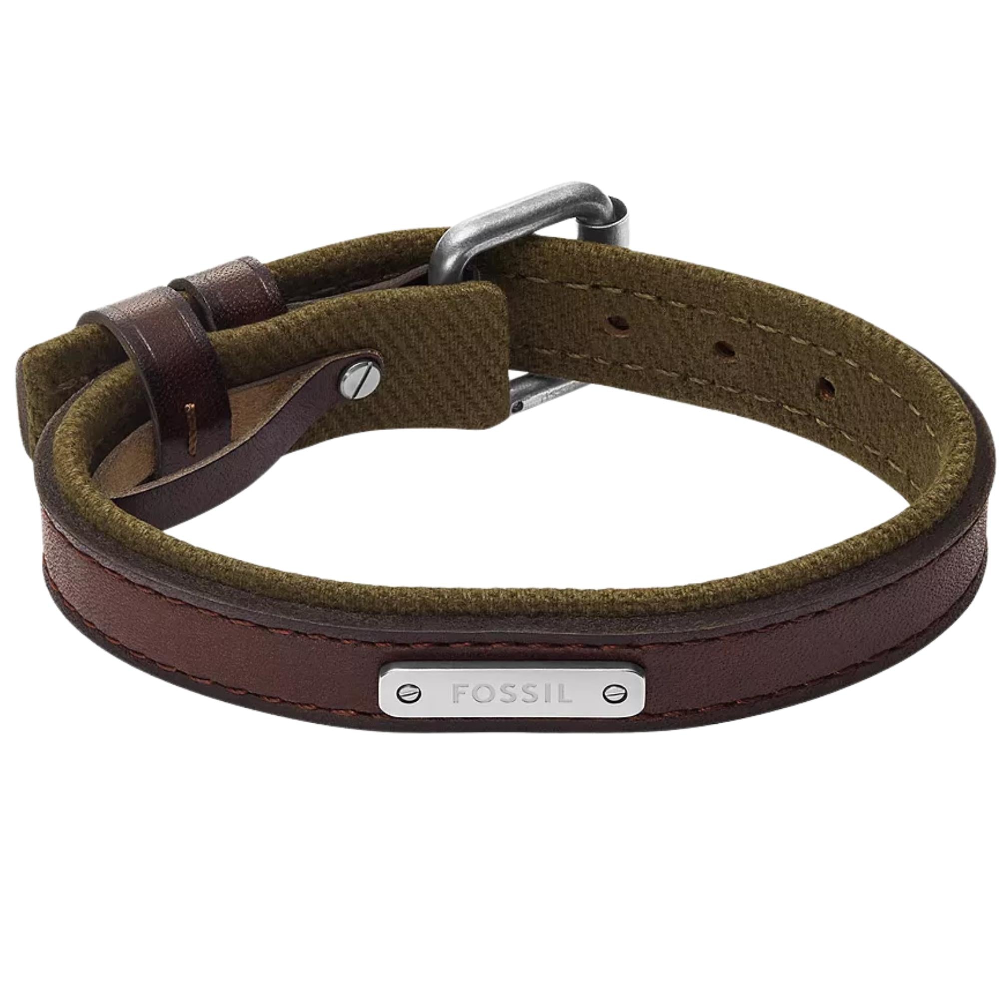 Fossil Everett Colour Pop Green And Brown Leather Strap Men's Bracelet