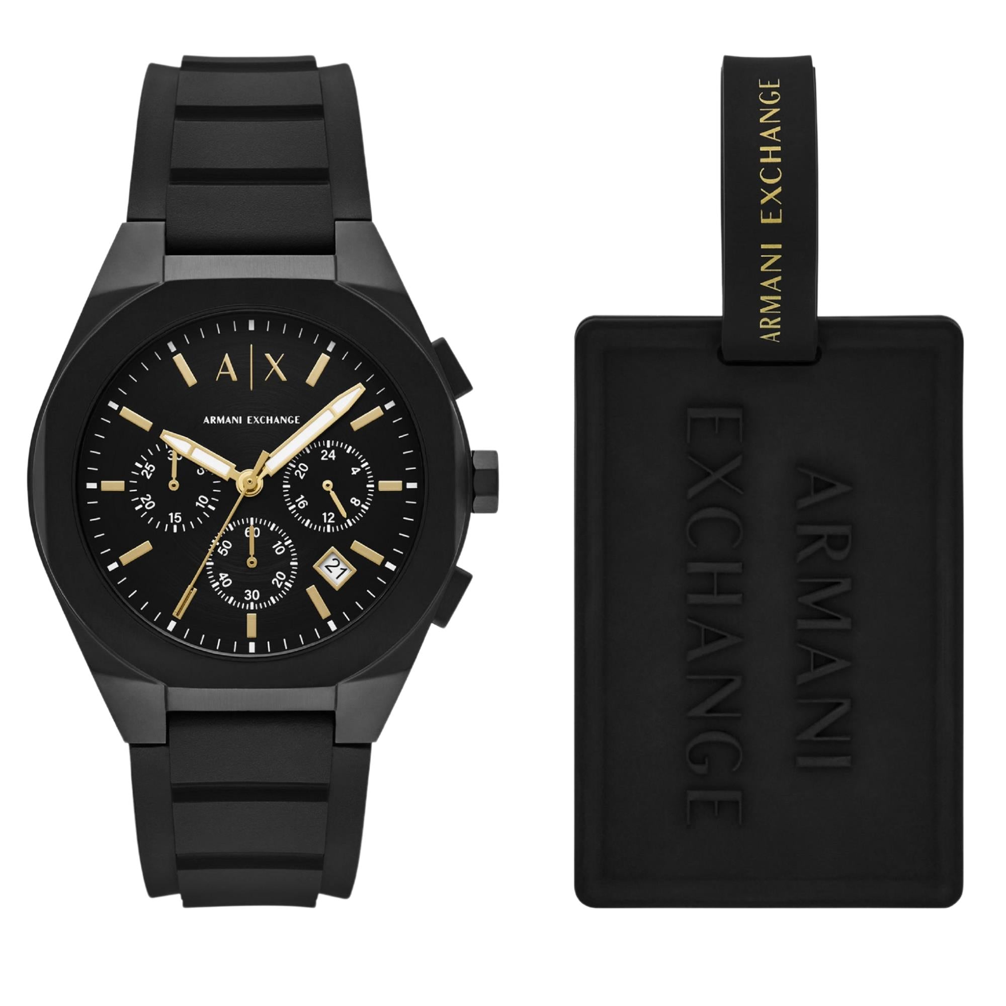 Armani Exchange Sync Chronograph Black Dial Silicone Strap Men's Watch and Luggage Tag AX7165SET