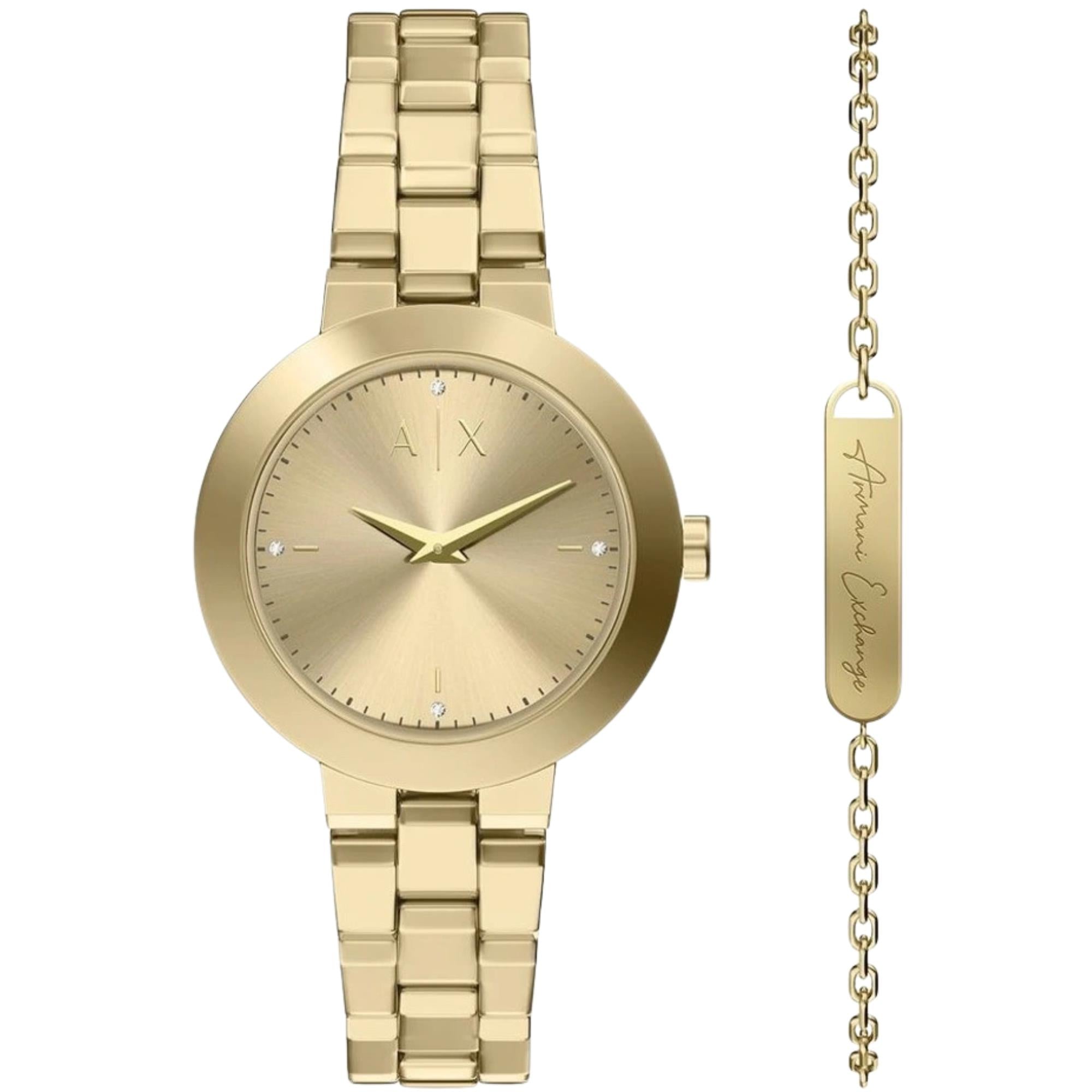 Armani Exchange Jackie 36mm Gold Dial Steel Ladies Quartz Watch and Bracelet AX7177SET