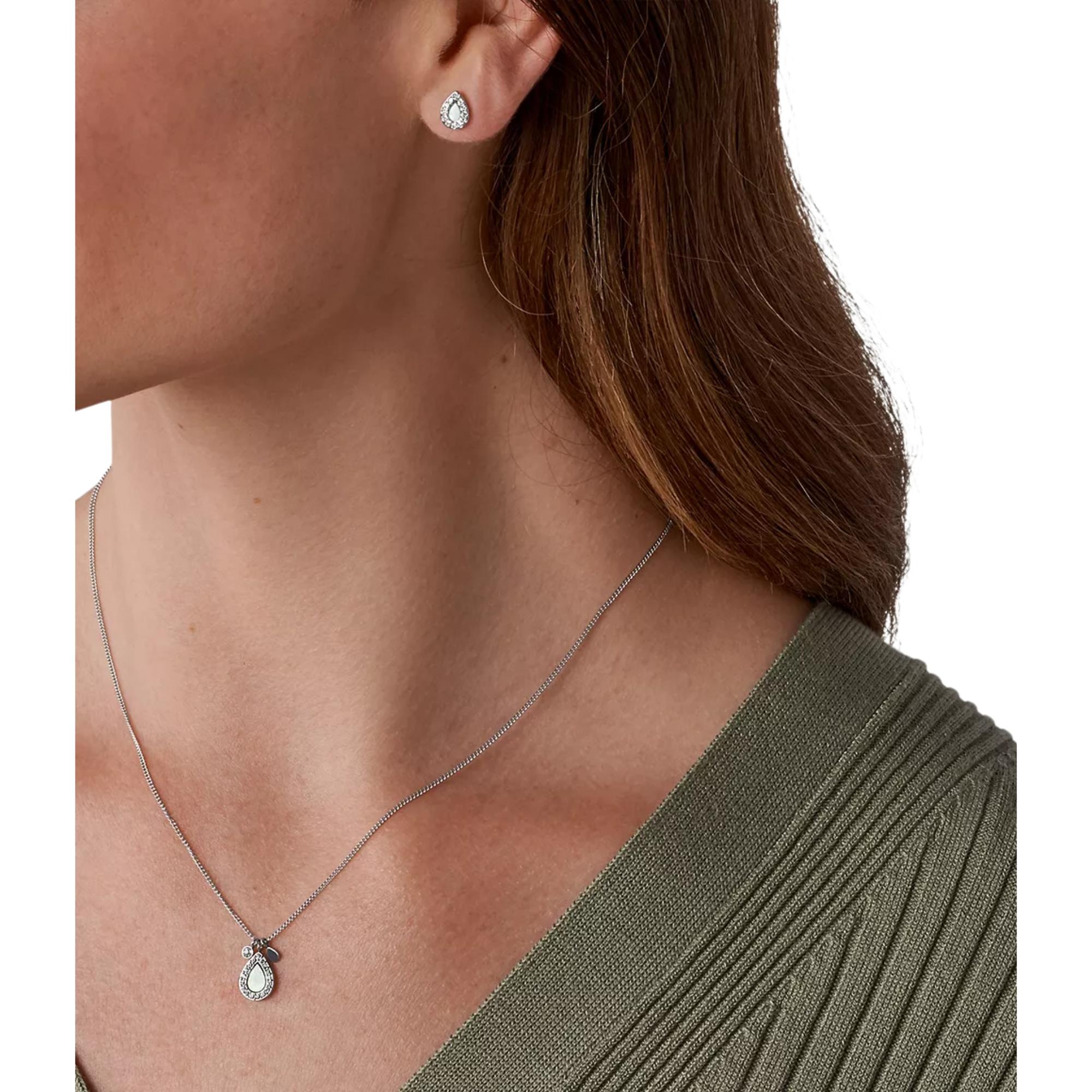 Fossil Merrit Mothers Day Mother-of-Pearl Stainless Steel Pendant Necklace and Earrings Women's Set JF03765040