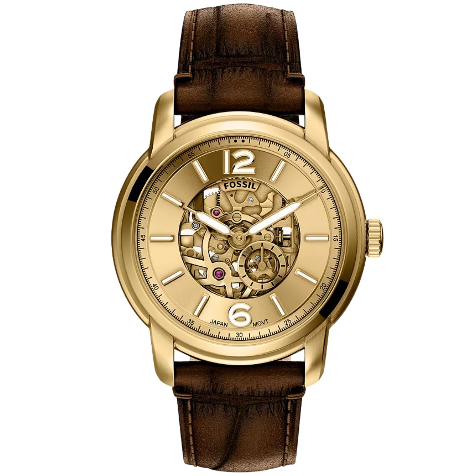 Fossil Heritage 44mm Gold Dial Leather Mens Automatic Watch ME3279