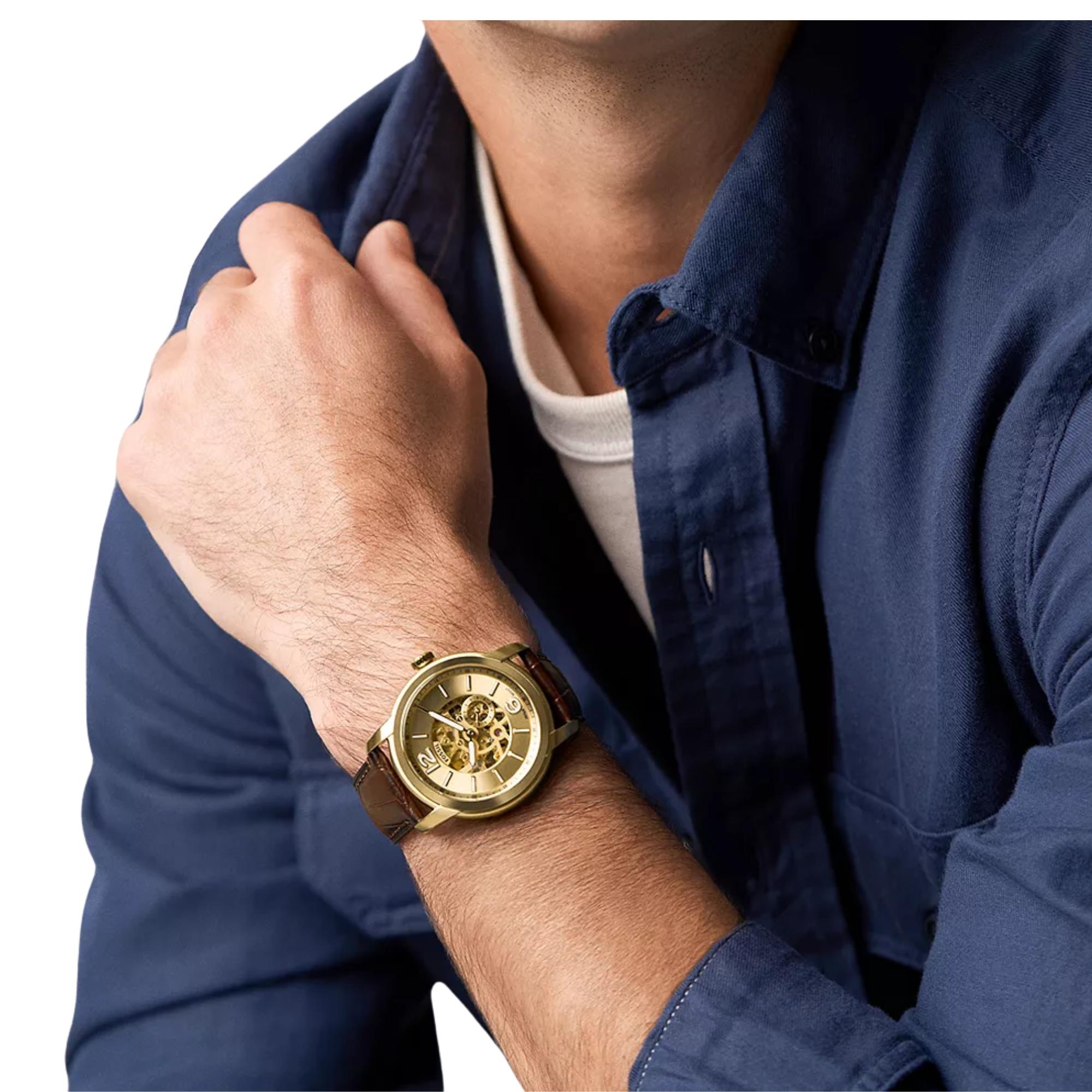 Fossil Heritage 44mm Gold Dial Leather Mens Automatic Watch ME3279