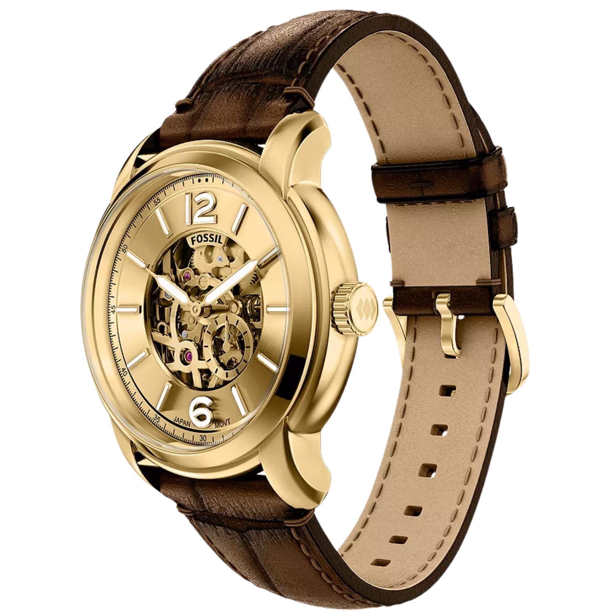 Fossil Heritage 44mm Gold Dial Leather Mens Automatic Watch ME3279