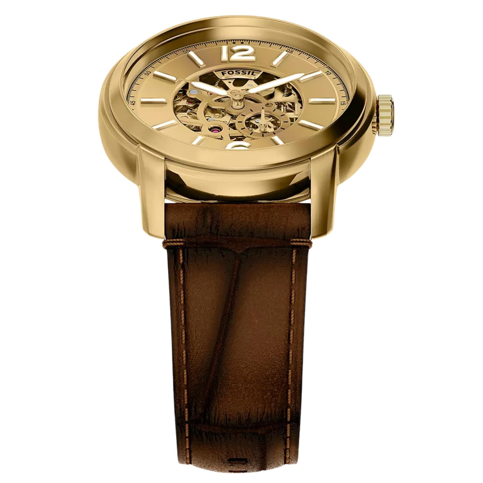 Fossil Heritage 44mm Gold Dial Leather Mens Automatic Watch ME3279