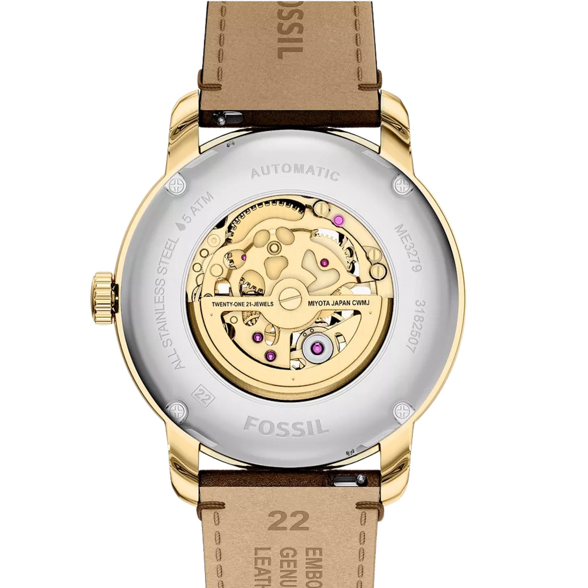 Fossil Heritage 44mm Gold Dial Leather Mens Automatic Watch ME3279