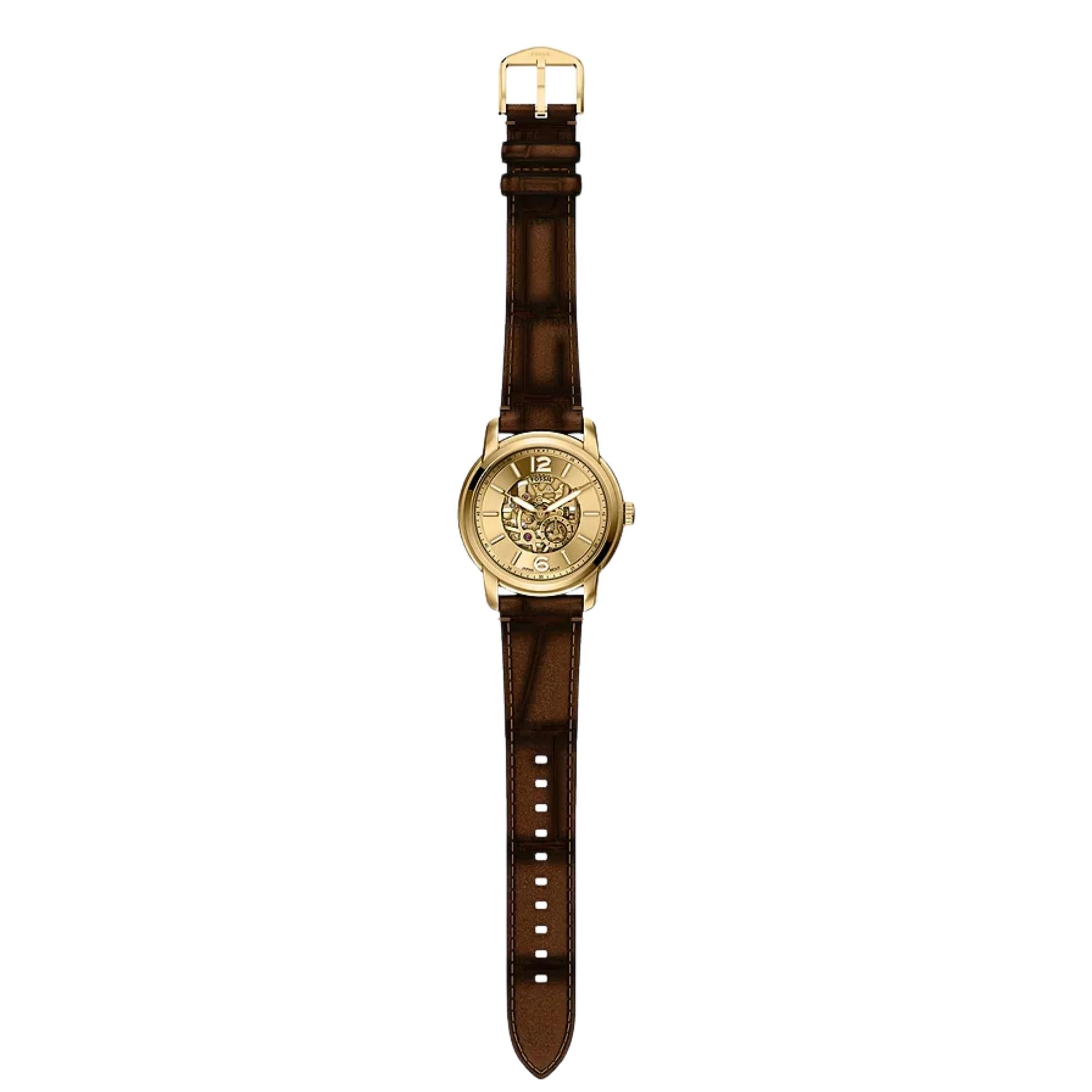 Fossil Heritage 44mm Gold Dial Leather Mens Automatic Watch ME3279
