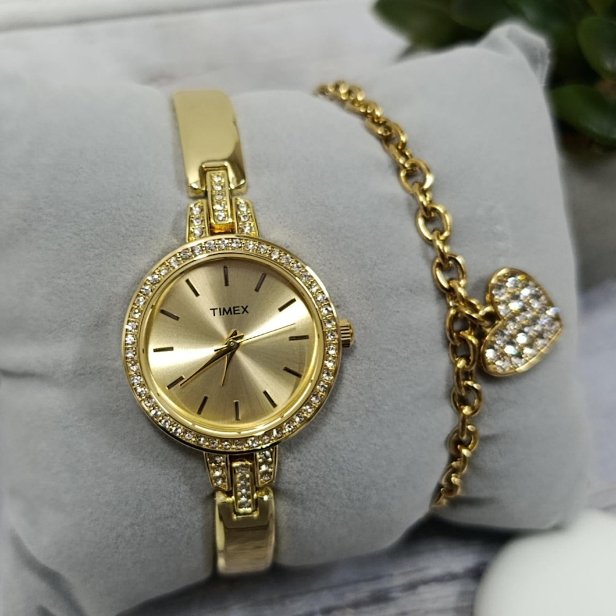Timex Trend 28mm Gold Dial Steel Ladies Quartz Set Watch TWG067900