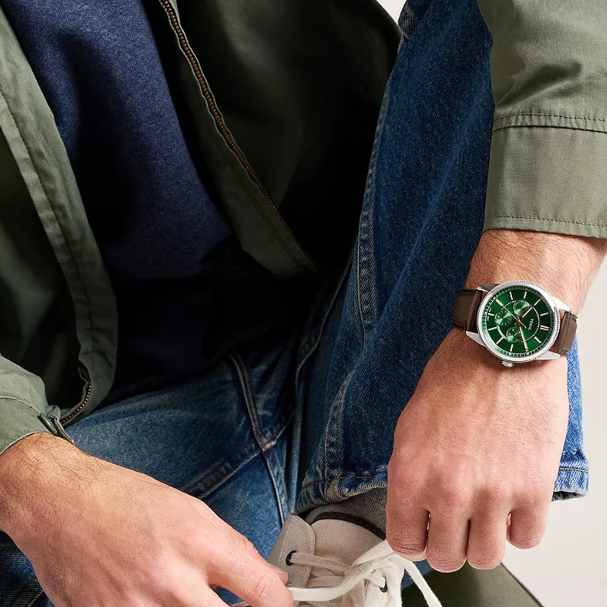 Fossil Pearson 42mm Chronograph Green Dial Leather Mens Quartz Watch FS6137