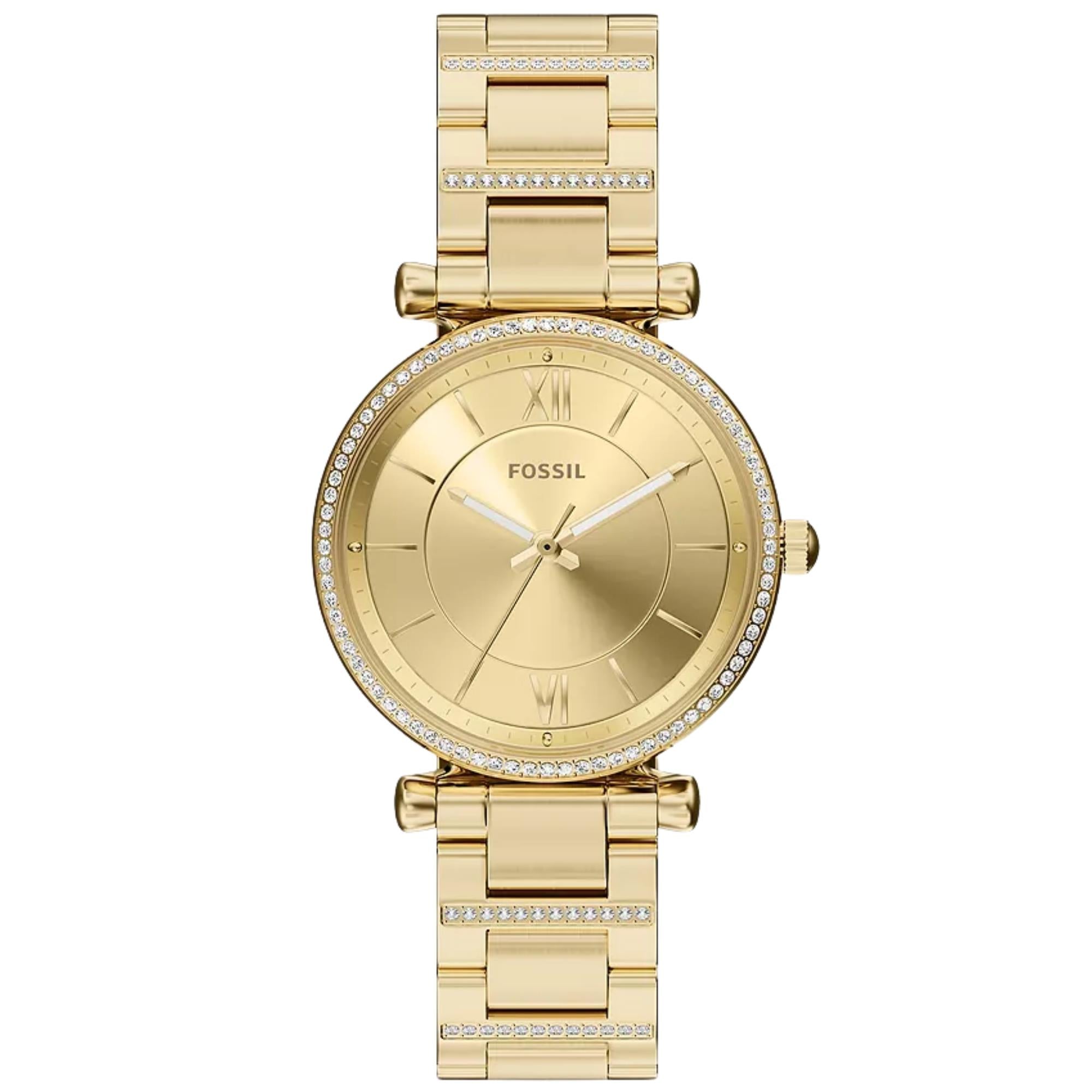 Fossil Carlie 35mm Gold Dial Steel Ladies Quartz Watch ES5465