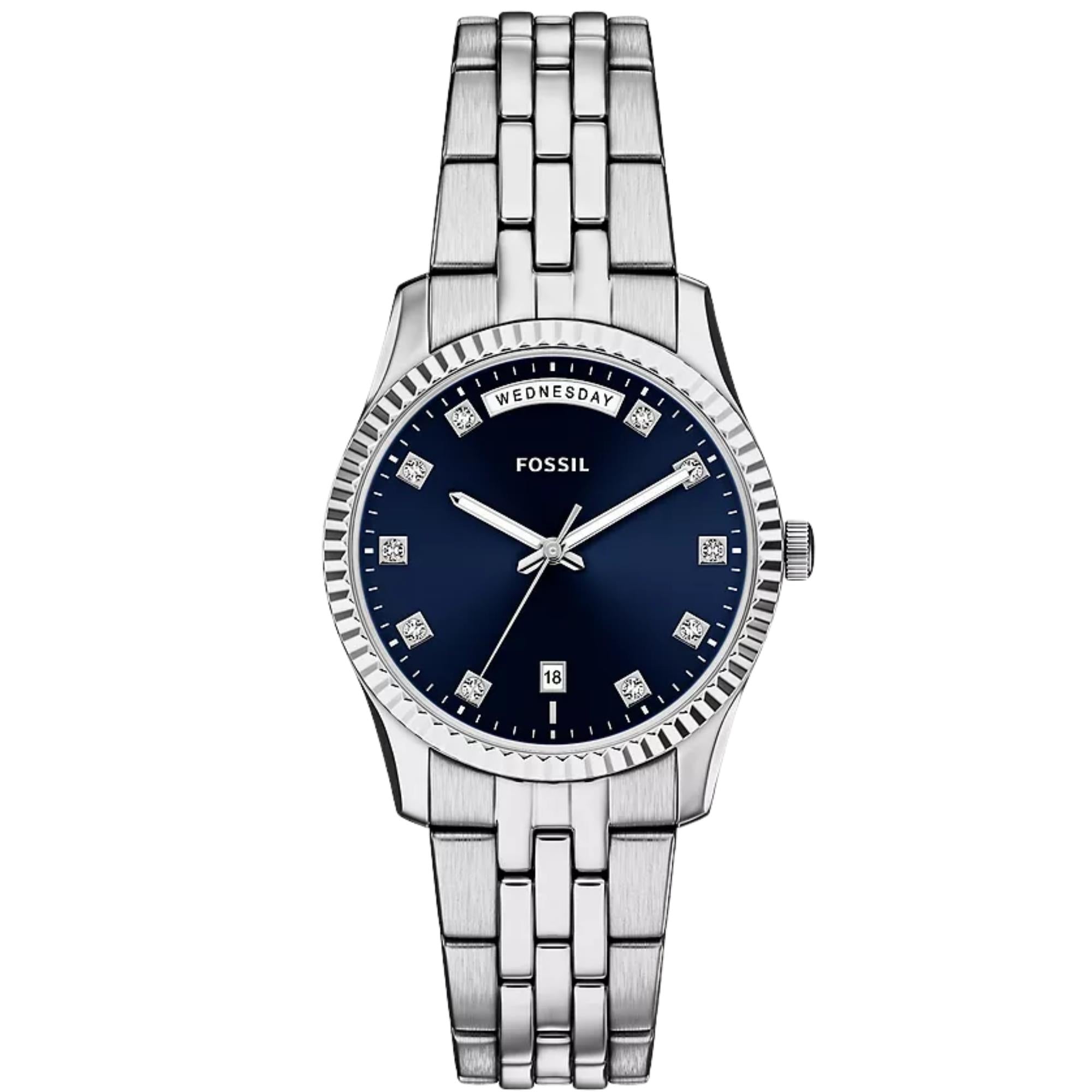 Fossil  Scarlette 34mm Blue Dial Steel Ladies Quartz Watch ES5457