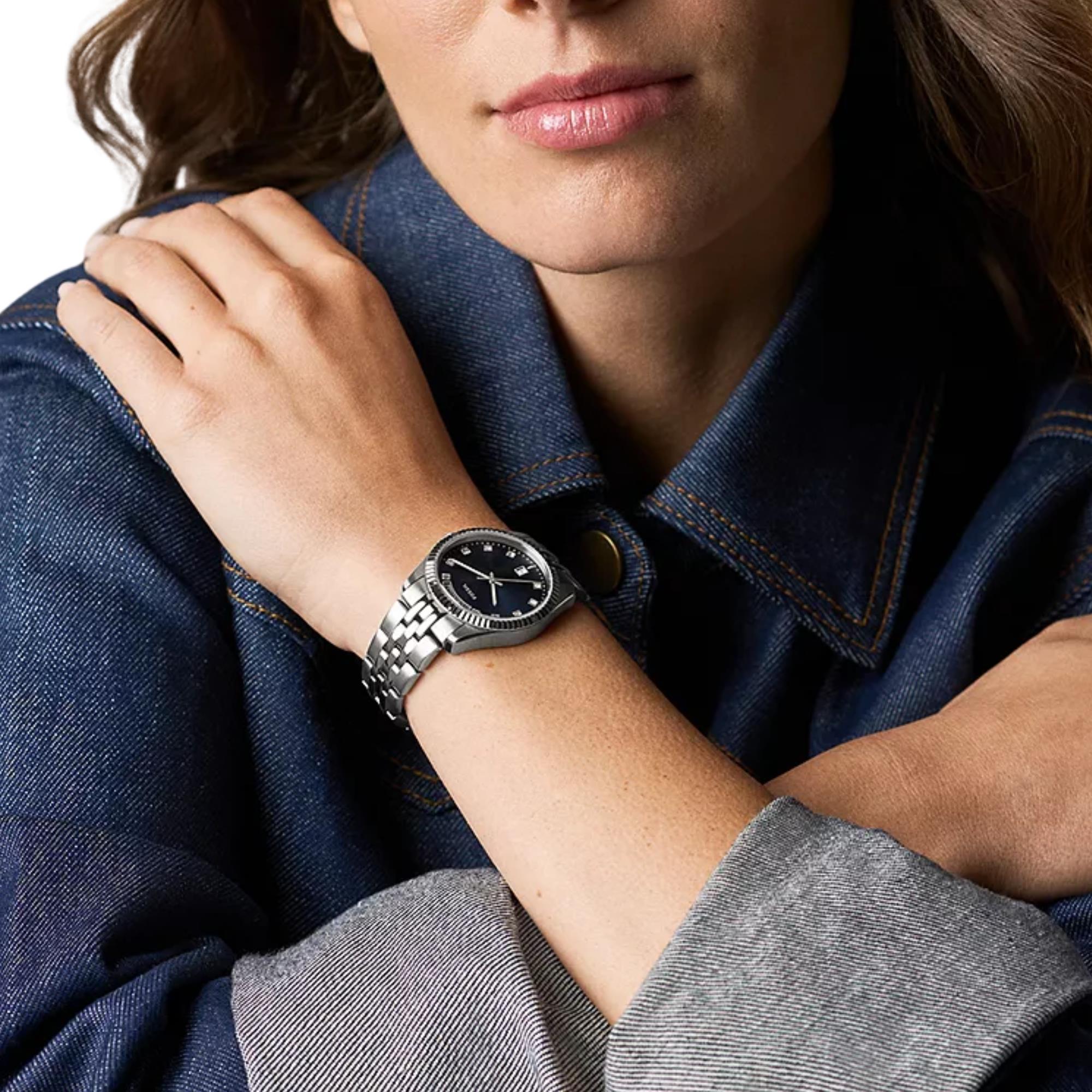 Fossil  Scarlette 34mm Blue Dial Steel Ladies Quartz Watch ES5457
