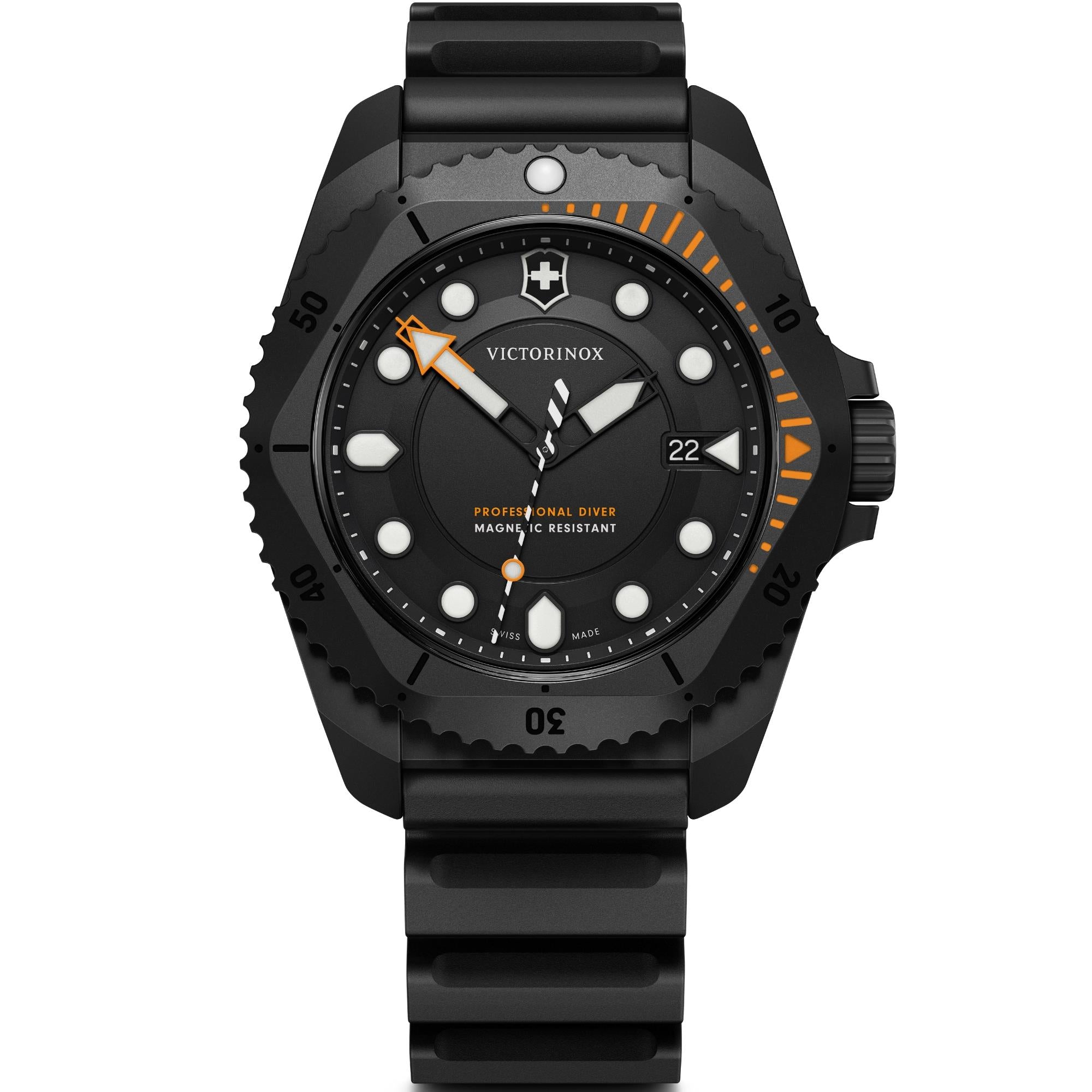 A black Victorinox Dive Pro watch, featuring orange accents and a black rubber strap.