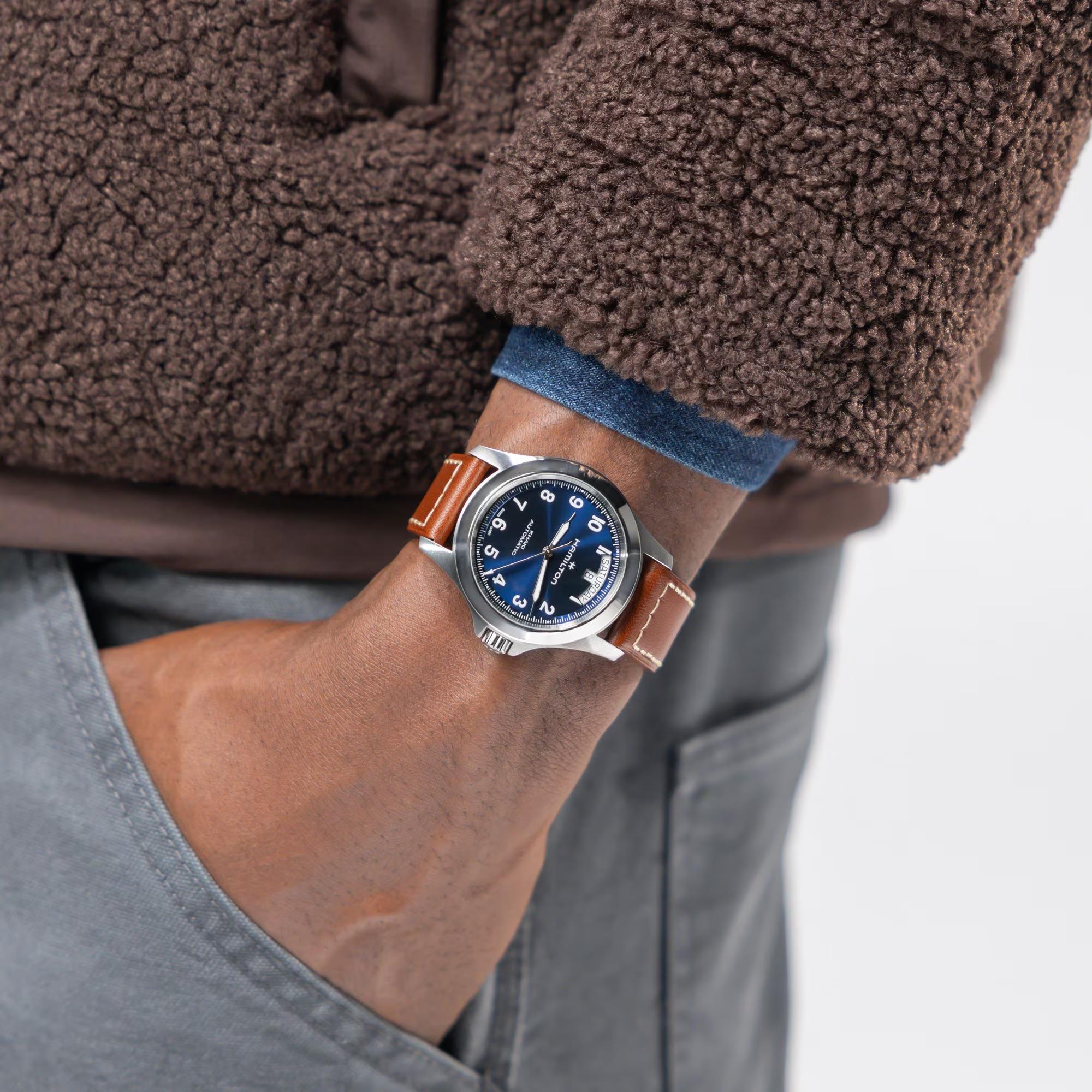 Hamilton Khaki Field King Day Date H64475540 blue dial watch worn on wrist