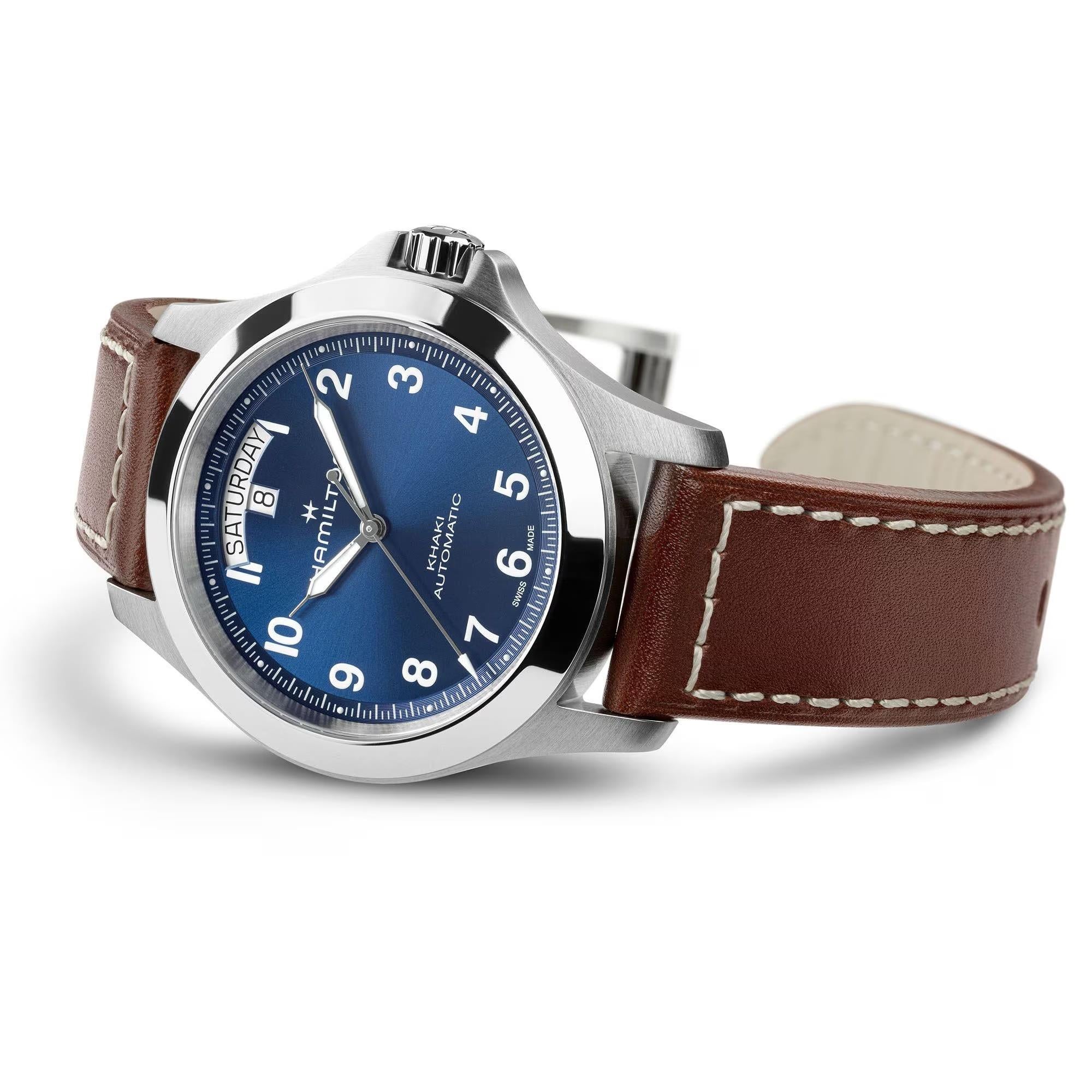 Hamilton Khaki Field King 40mm blue dial and brown leather watch H64475540 on white background