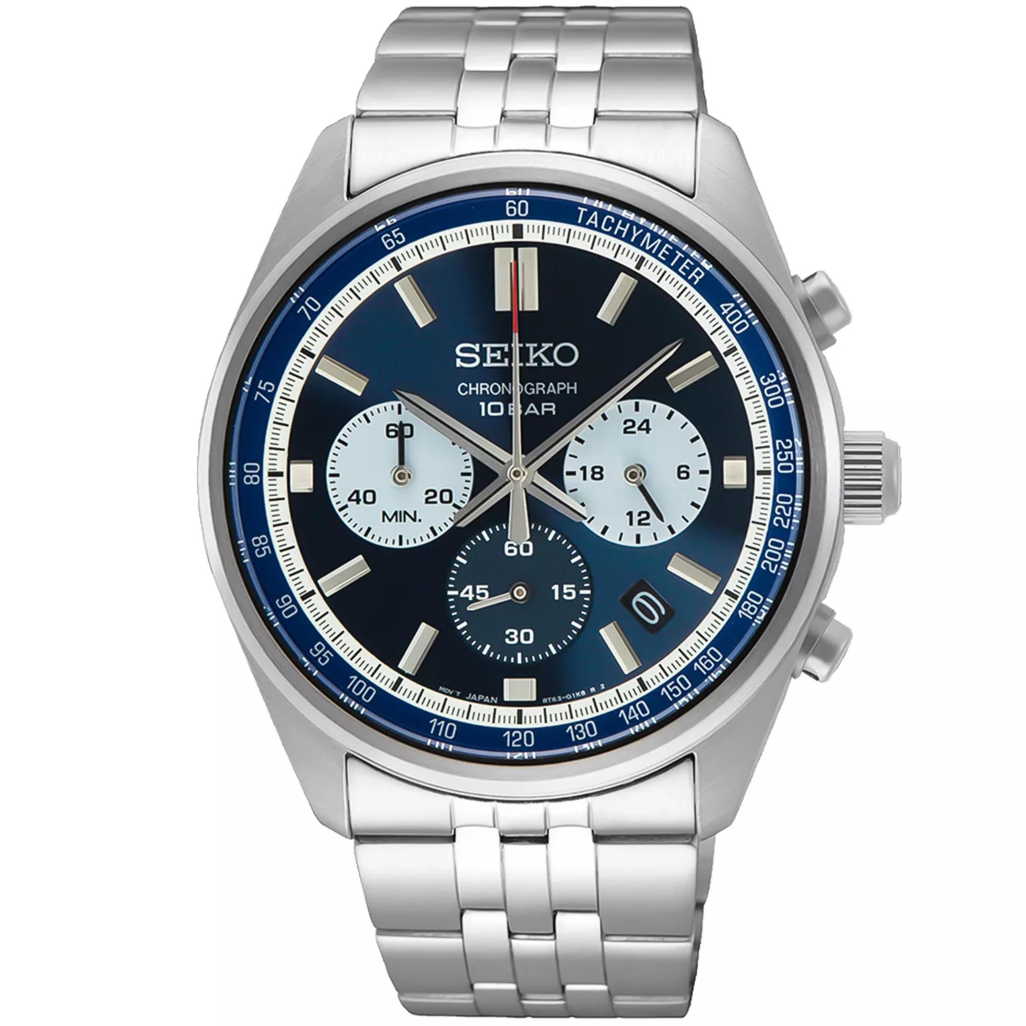 Seiko Essentials 41.5mm Chronograph Blue Dial Steel Mens Quartz Watch SSB427P1