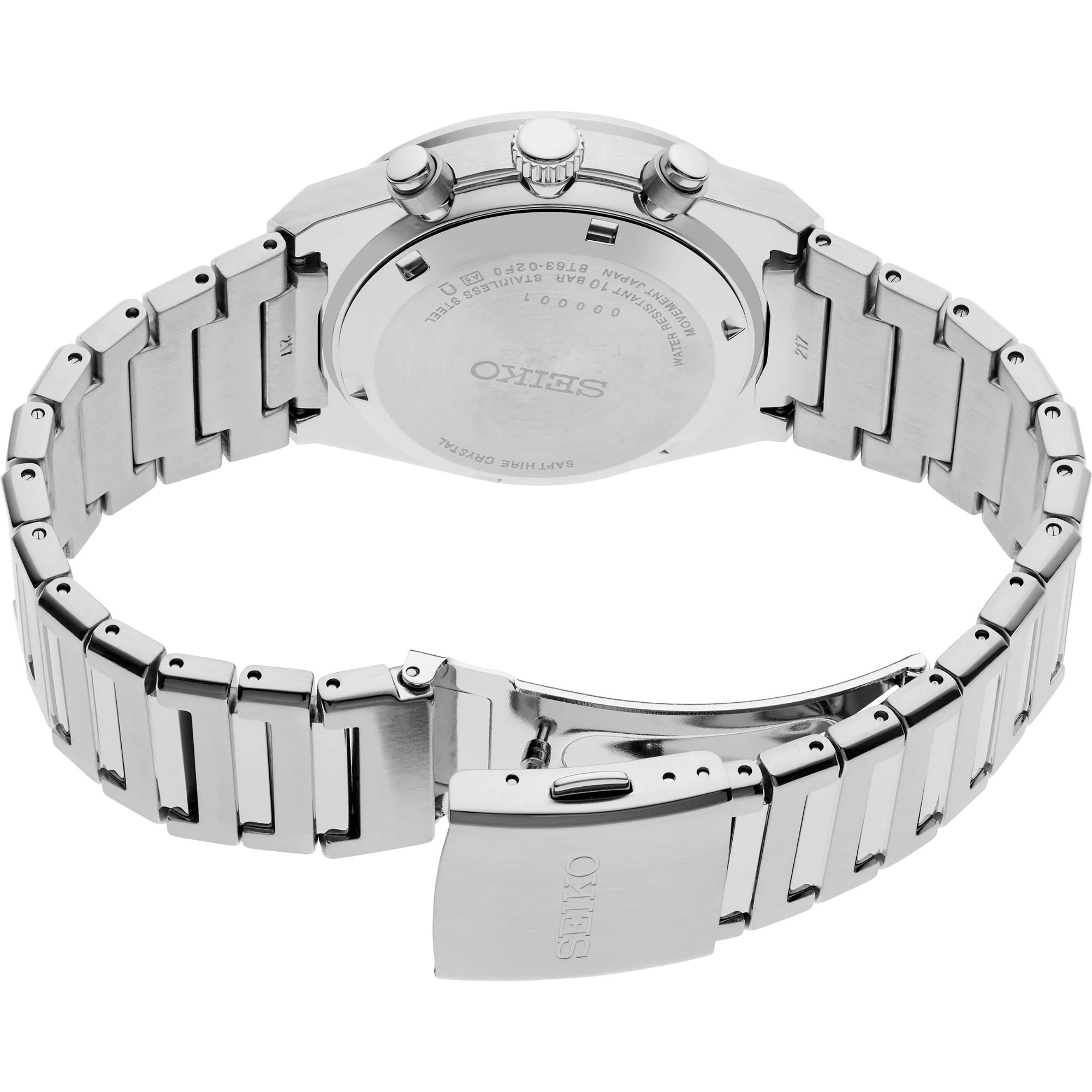 Seiko SSB451P1 stainless steel bracelet and three-fold clasp detail