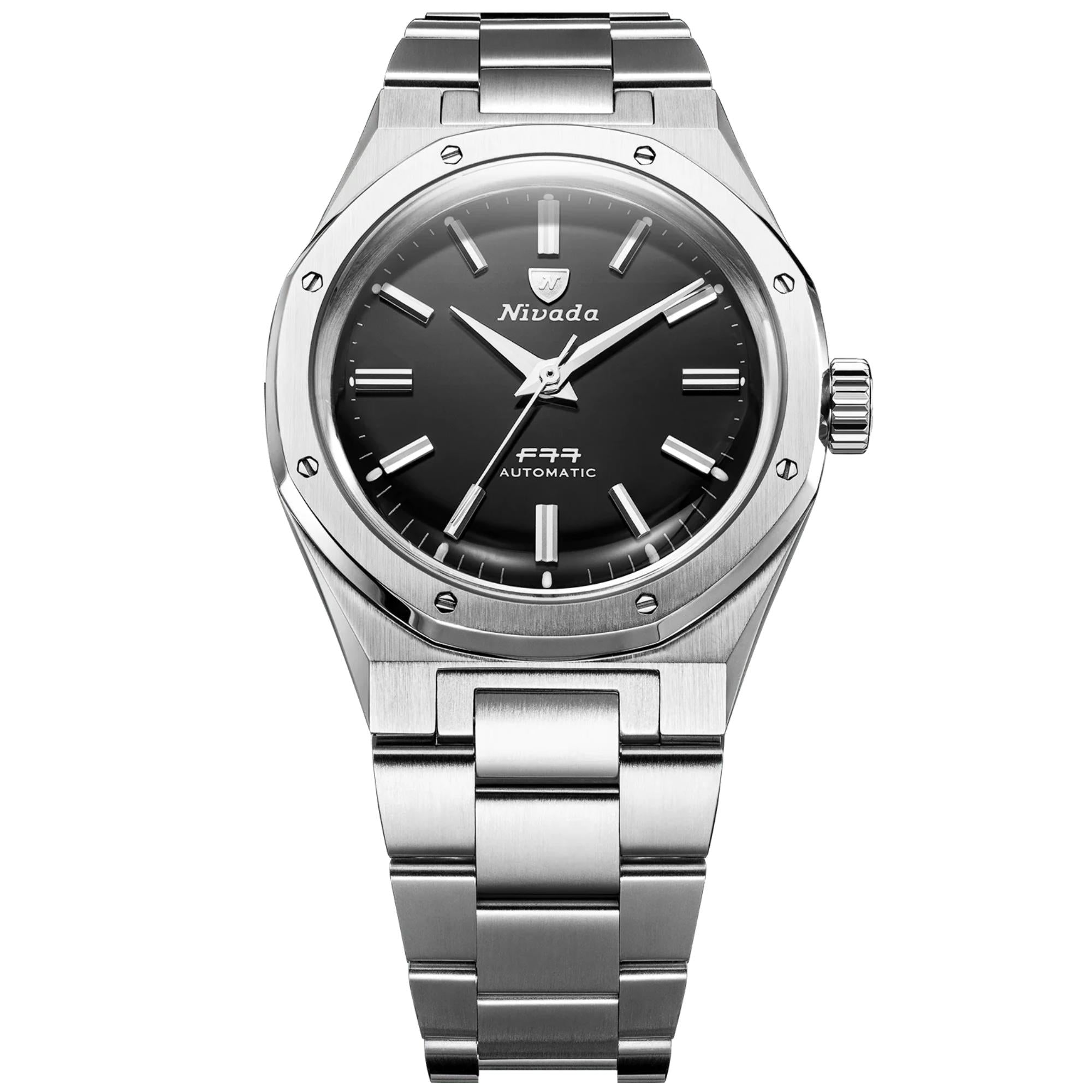 Nivada Grenchen F77 MKII 38mm Black Onyx Dial Steel Mens Automatic Watch 68035A77