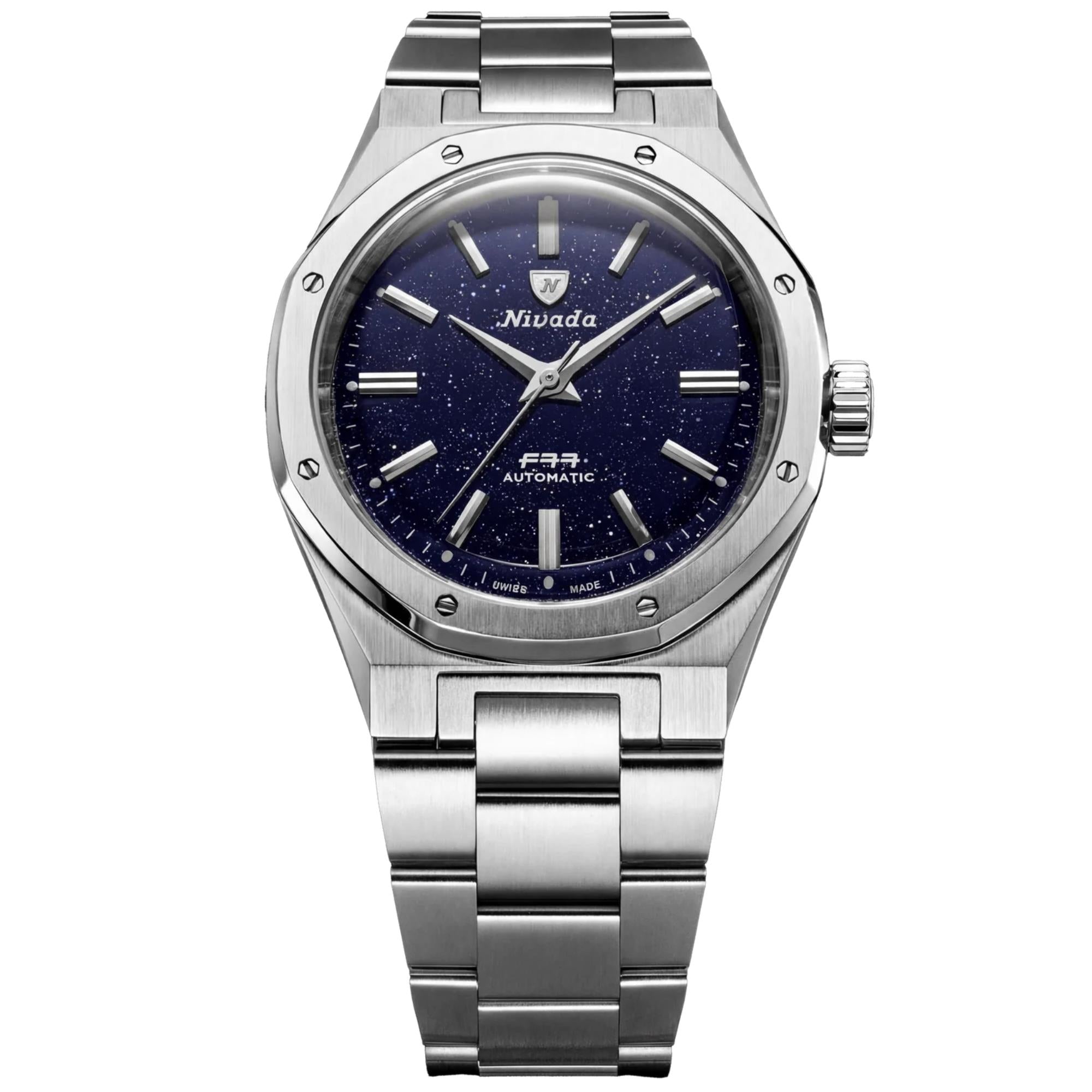 Nivada Grenchen F77 MKII 38mm Dark Blue Aventurine Dial Steel Mens Automatic Watch 68047A77