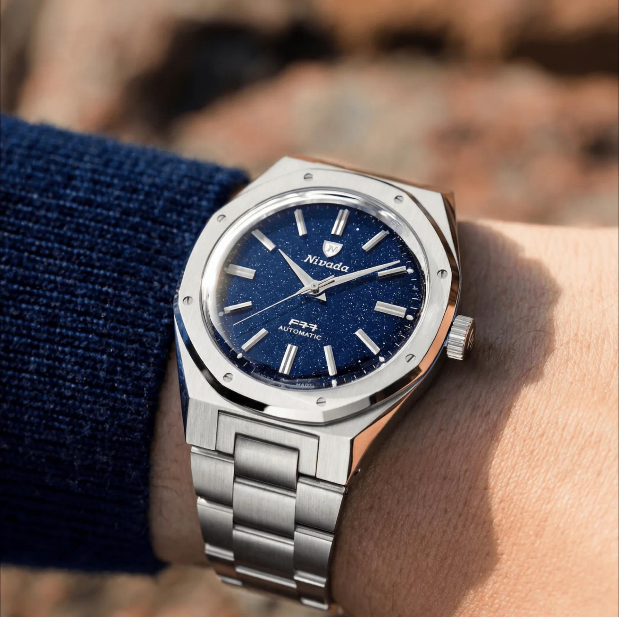 Nivada Grenchen F77 MKII 38mm Dark Blue Aventurine Dial Steel Mens Automatic Watch 68047A77