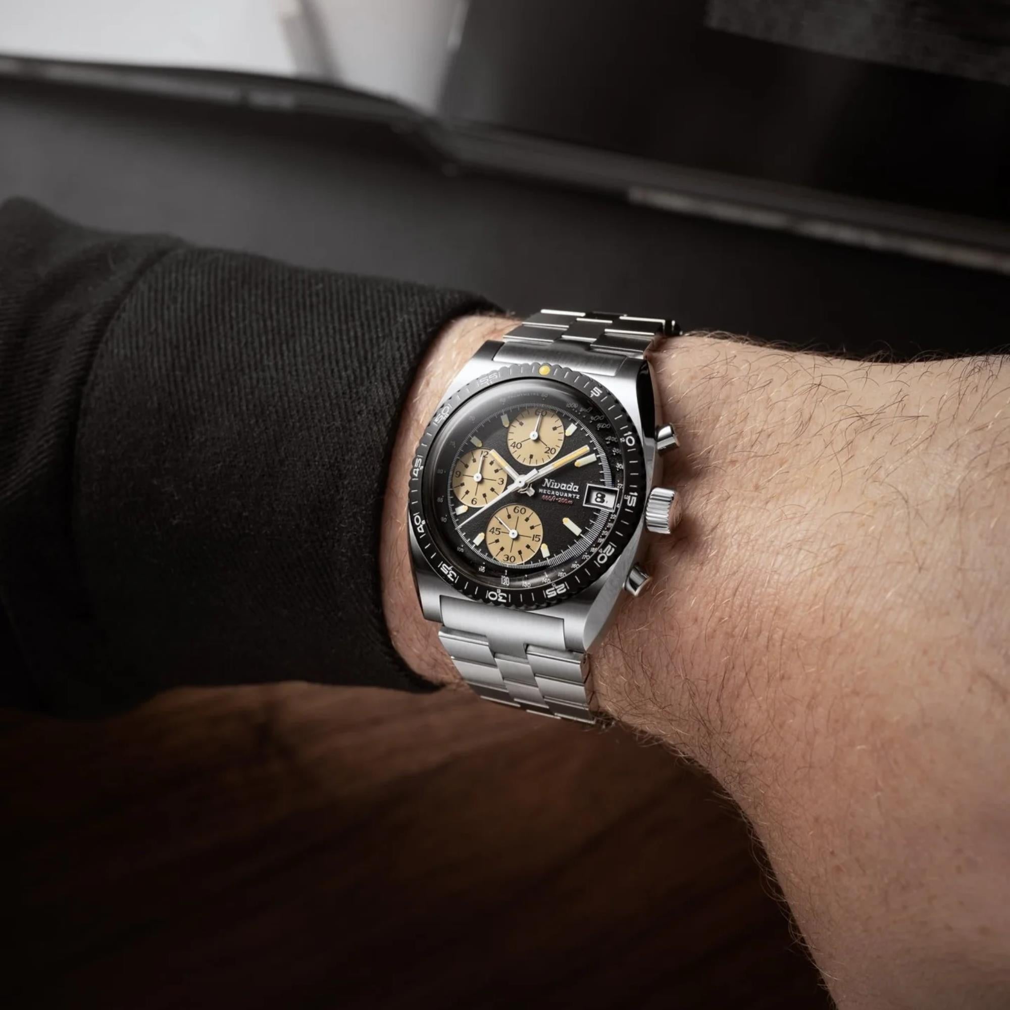 Nivada Grenchen Autochron Mecaquartz 38mm Chronograph Black Dial Steel Mens Quartz Watch 77001Q45