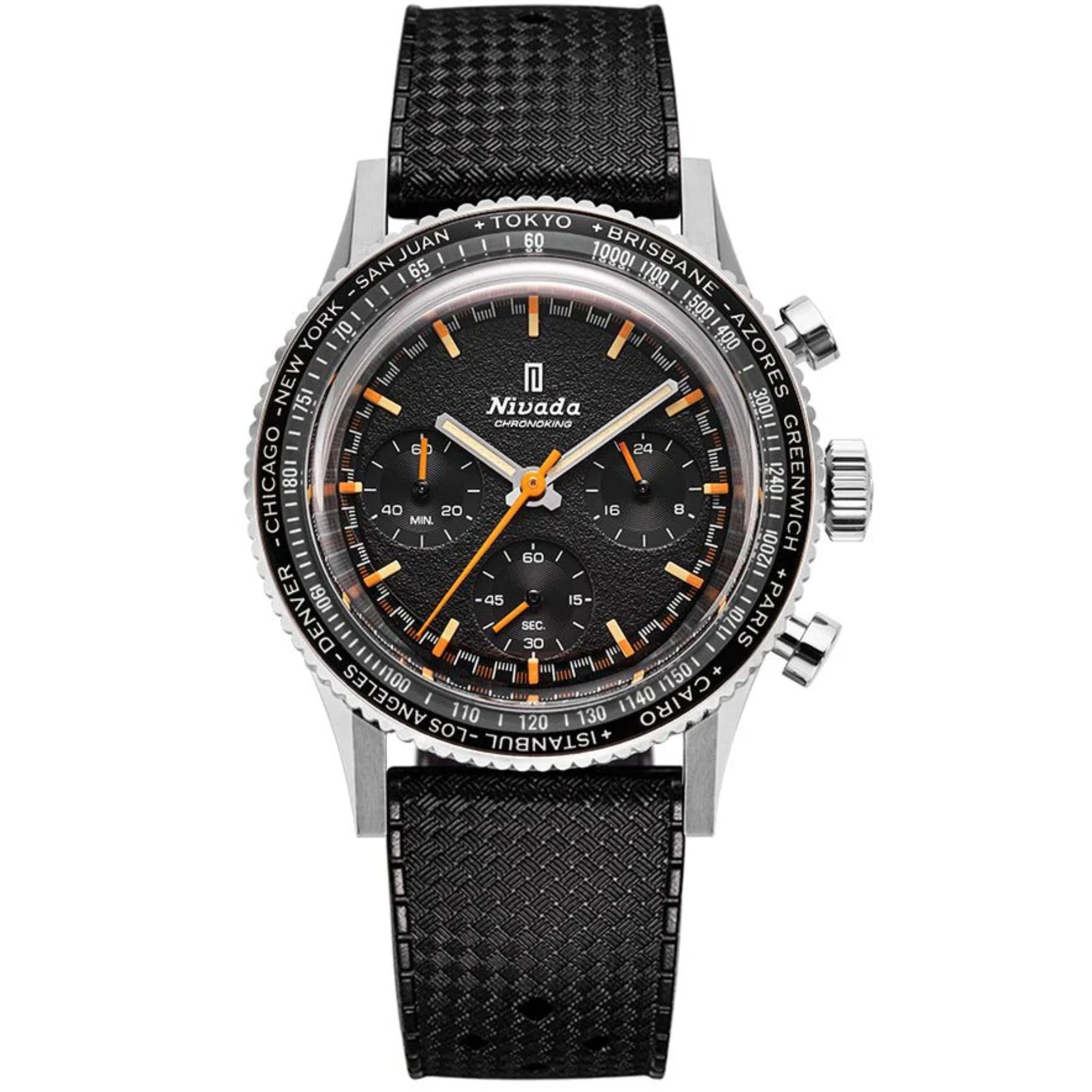 Nivada Grenchen Chronoking Mecaquartz 38mm Chronograph GMT Black Dial