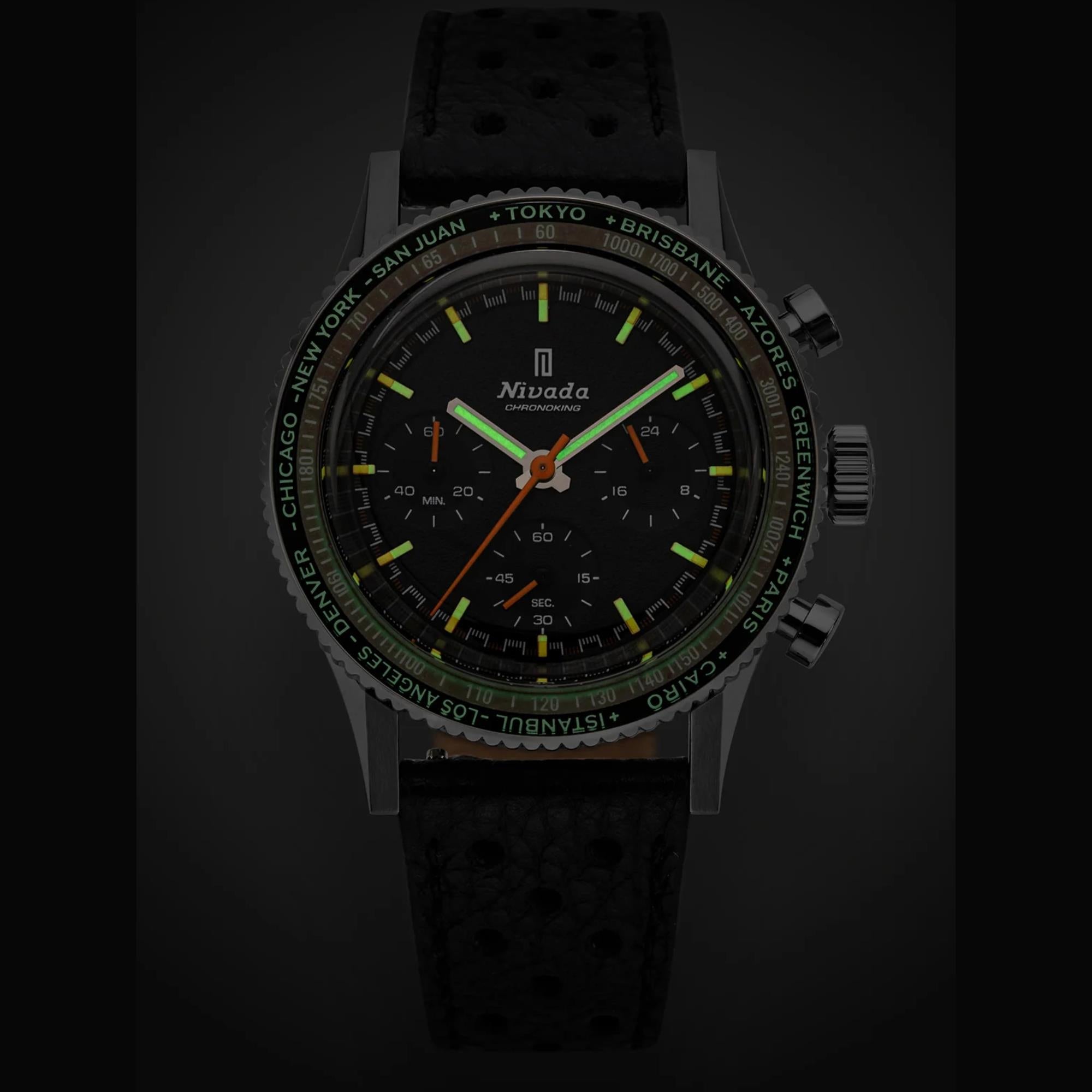 Nivada Grenchen Chronoking Mecaquartz 38mm Chronograph GMT Black Dial Rubber Mens Quartz Watch 87042Q01