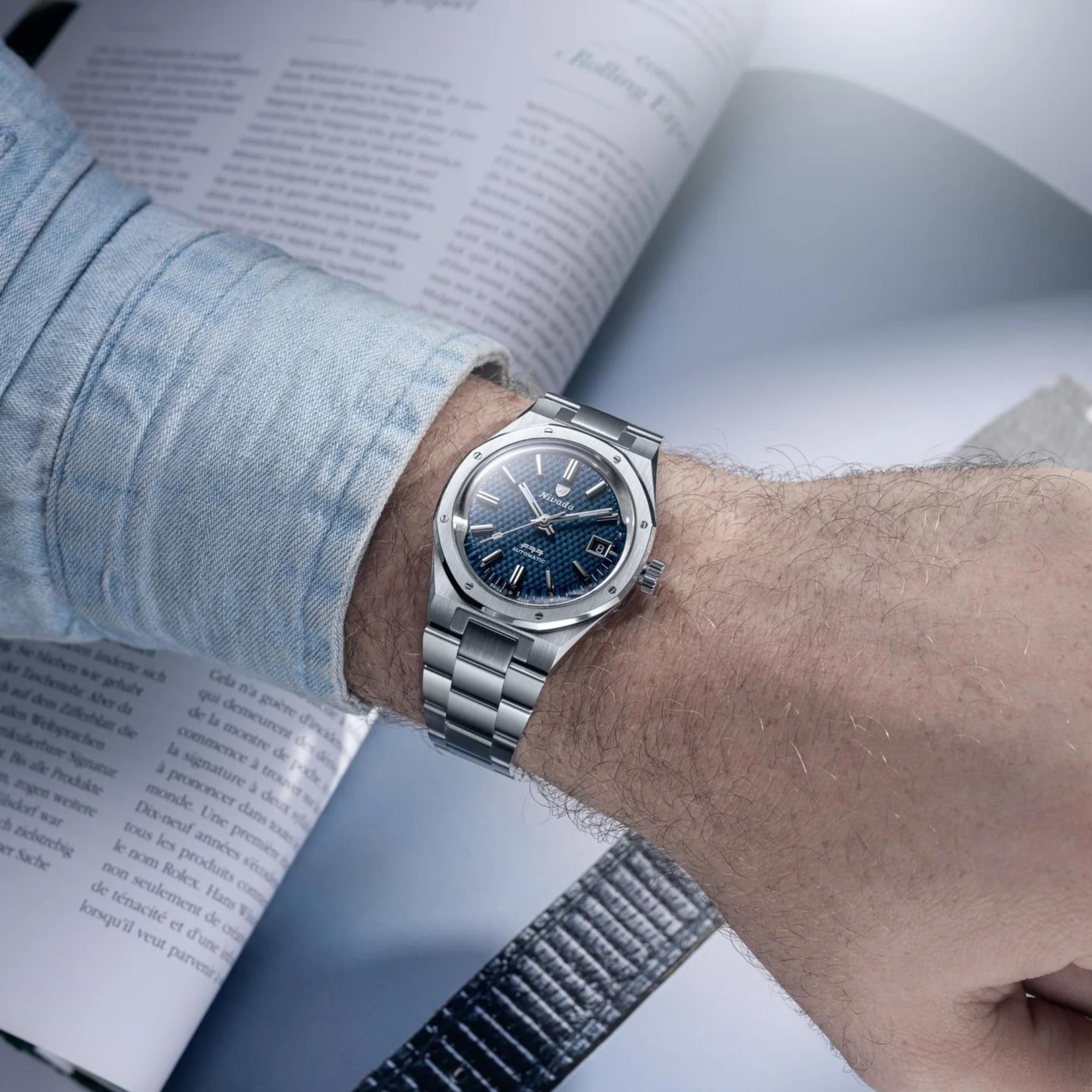Nivada Grenchen F77 MK1 37mm Blue Dial Steel Mens Automatic Watch 69001A77