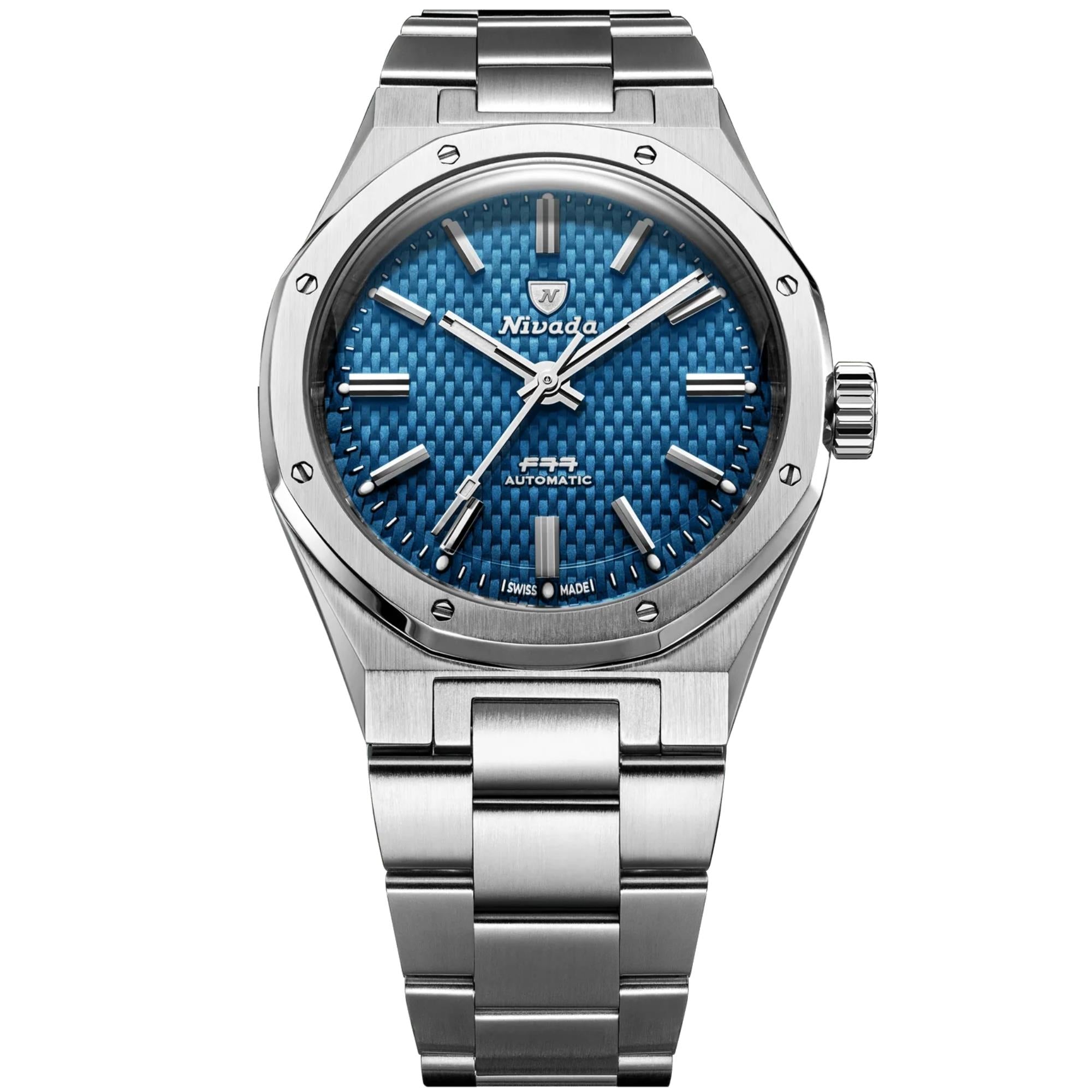 Nivada Grenchen F77 MK1 37mm Blue Dial Steel Mens Automatic Watch 68001A77