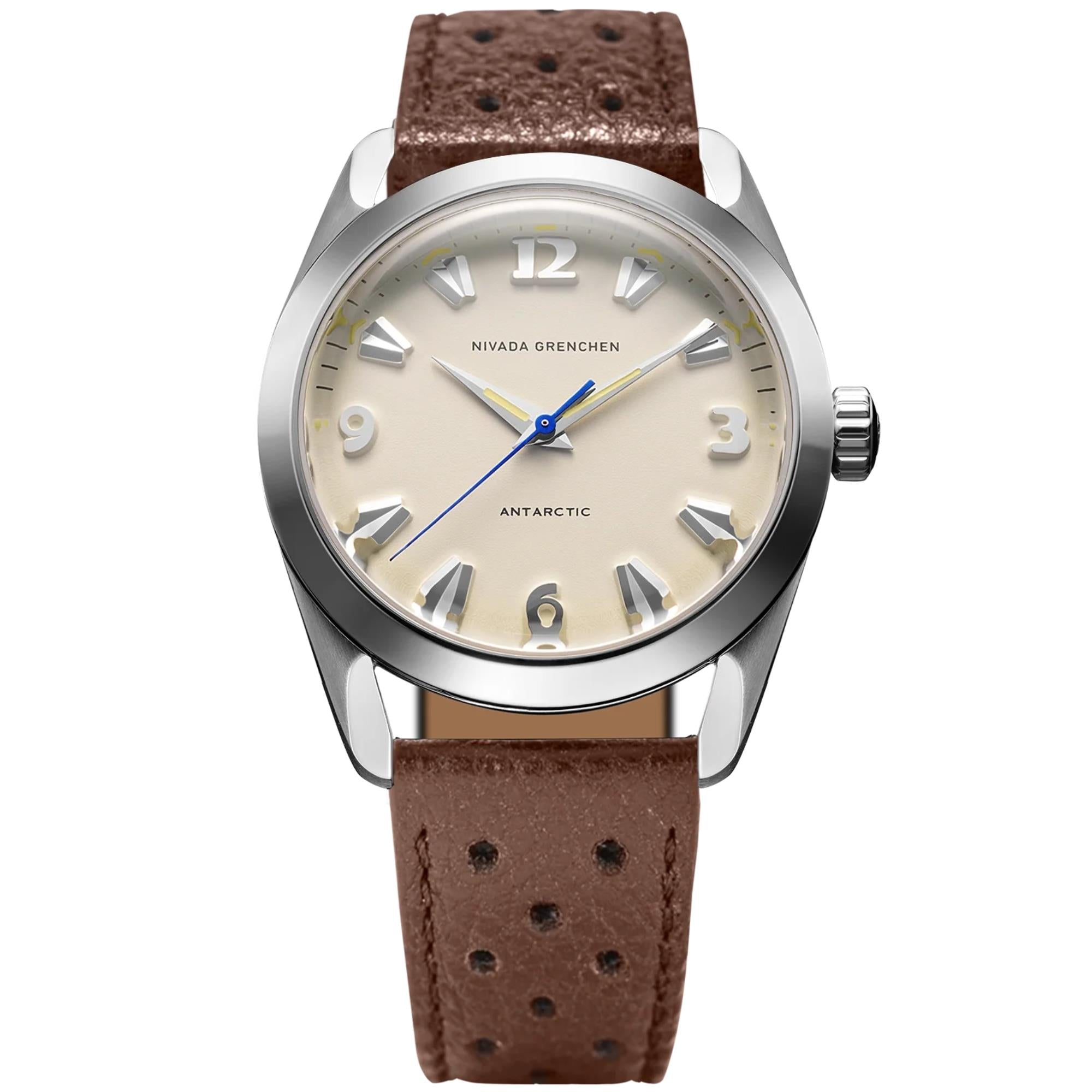 Nivada Grenchen Antarctic 35mm Eggshell Beige Dial Leather Mens Manual-Wind Watch 35001M41