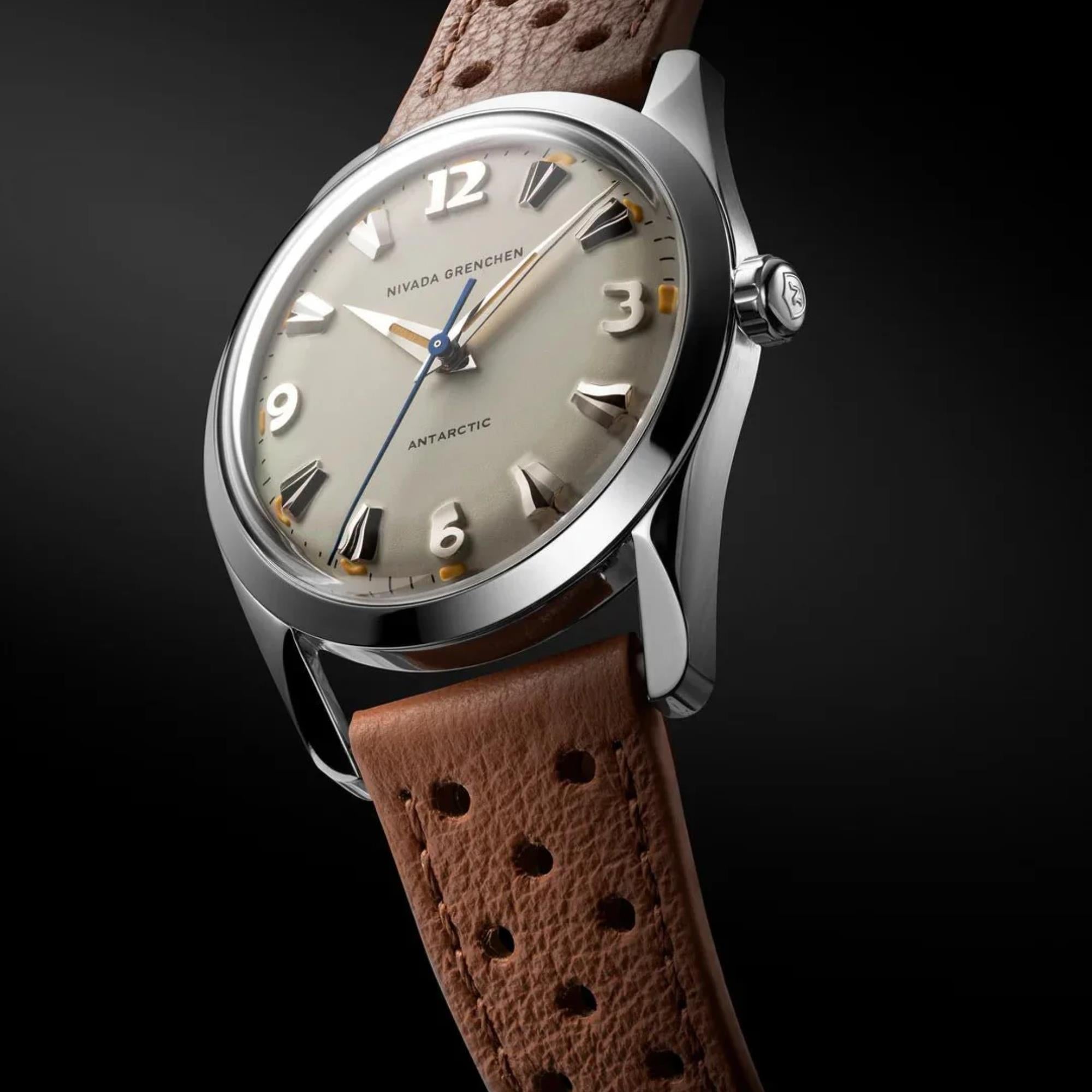 Nivada Grenchen Antarctic 35mm Eggshell Beige Dial Leather Mens Manual-Wind Watch 35001M41