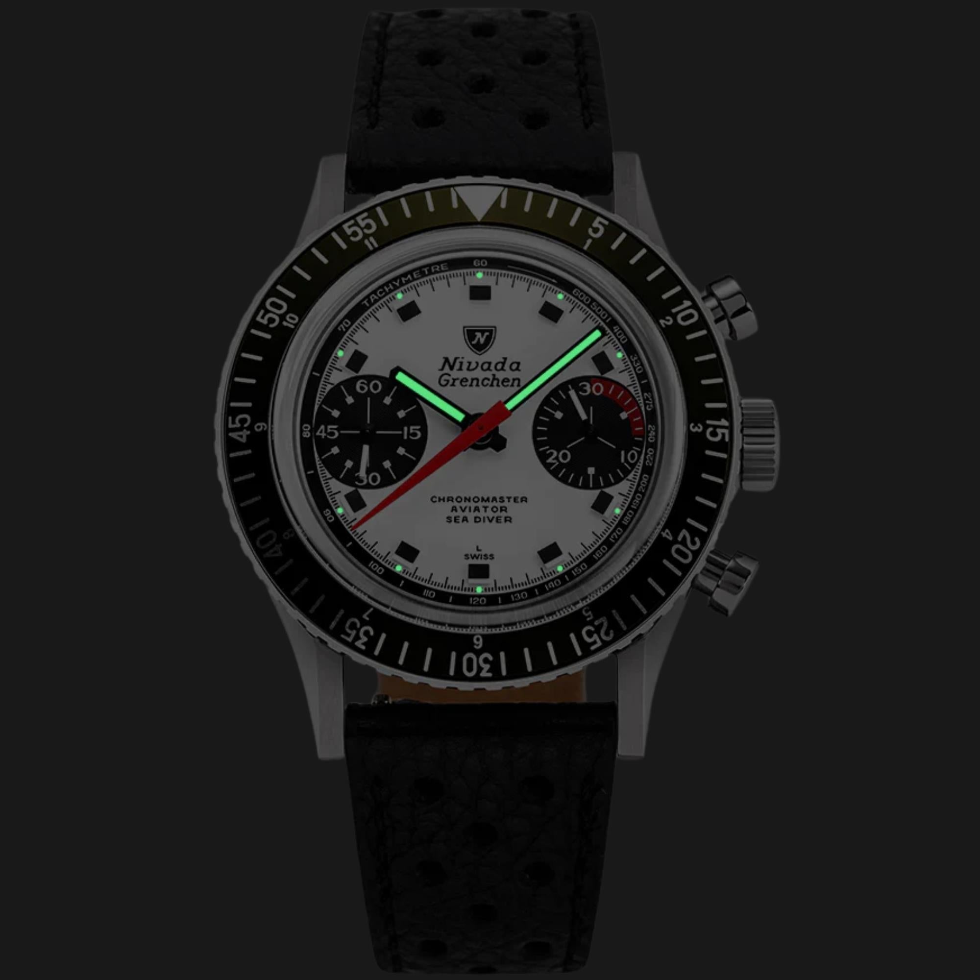 Nivada Grenchen Chronomaster 38mm Chronograph White Panda Dial Rubber Mens Manual-Wind Watch 86054M01LC