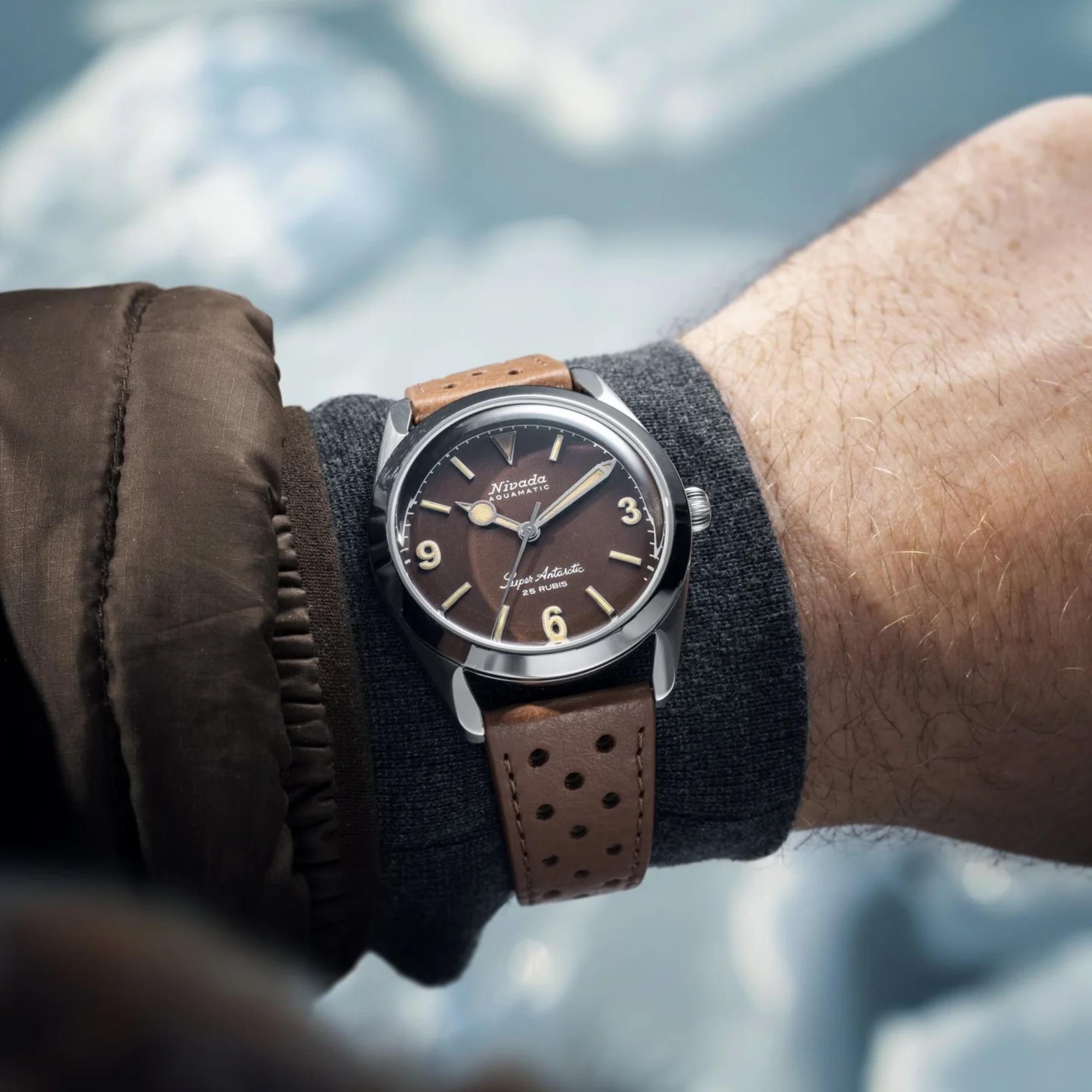 Nivada Grenchen Super Antarctic 38mm Tropical Brown Dial Leather Mens Automatic Watch 32031A10