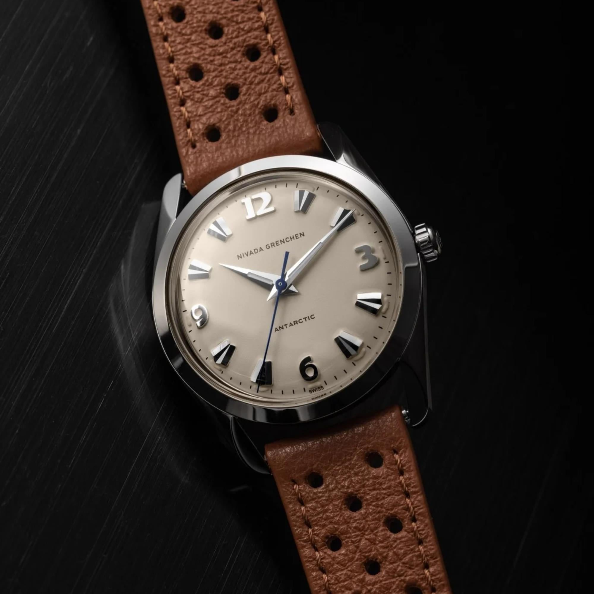 Nivada Grenchen Antarctic 35mm Eggshell White Dial Leather Mens Manual-Wind Watch 35004M41