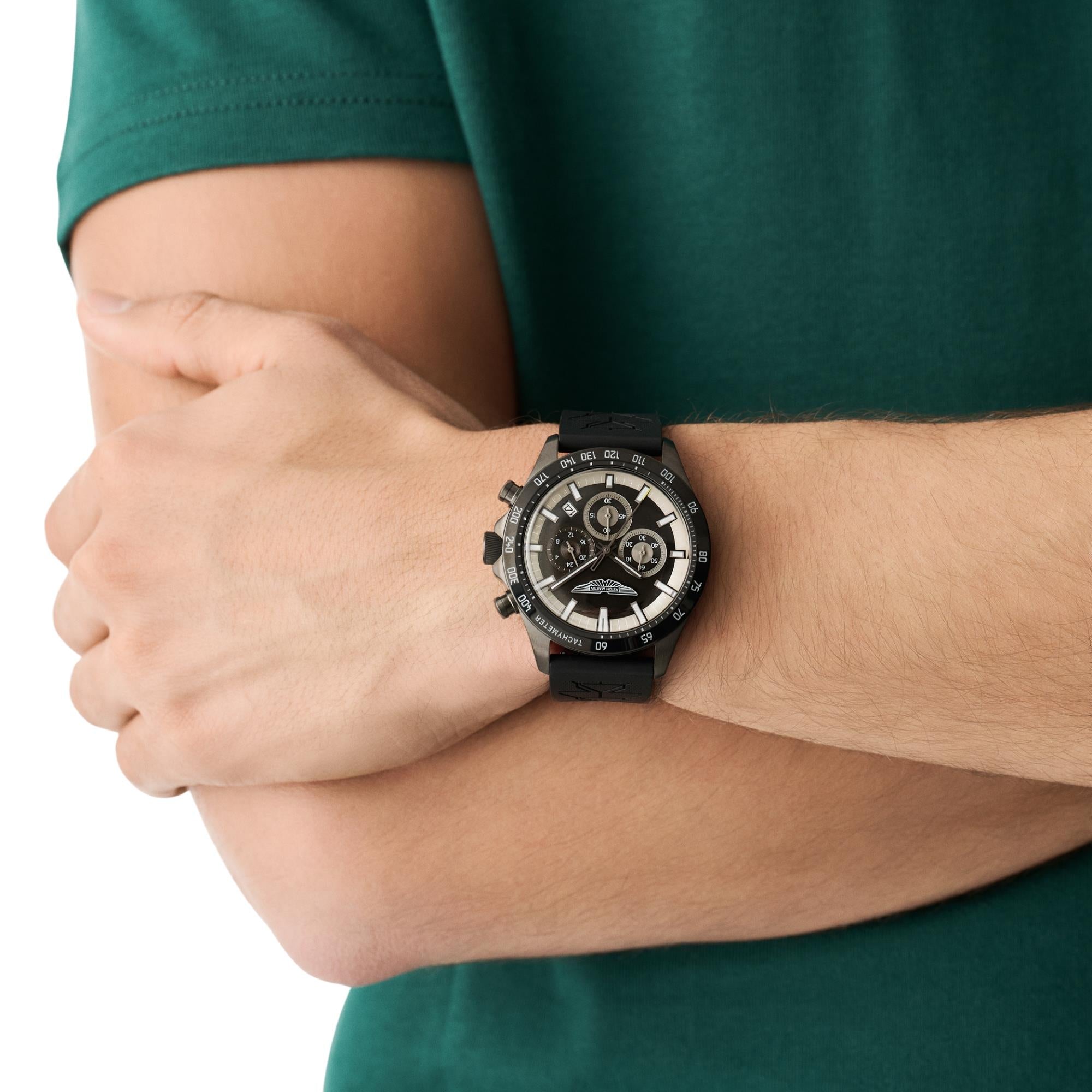 Aston Martin Icon SPT 44mm Chronograph IP Gun RSST Case Black Dial Black Silicone Strap Mens Quartz Watch MTIS2S606