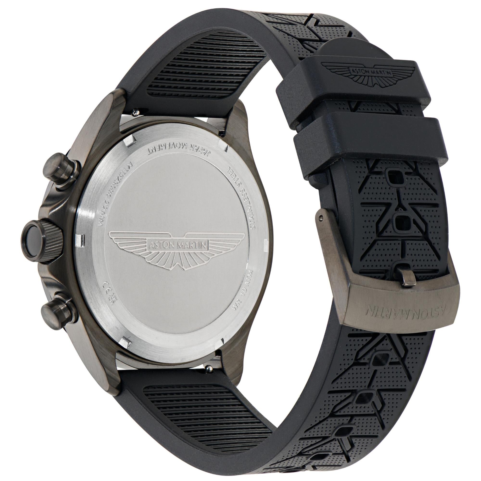 Aston Martin Icon SPT 44mm Chronograph IP Gun RSST Case Black Dial Black Silicone Strap Mens Quartz Watch MTIS2S606