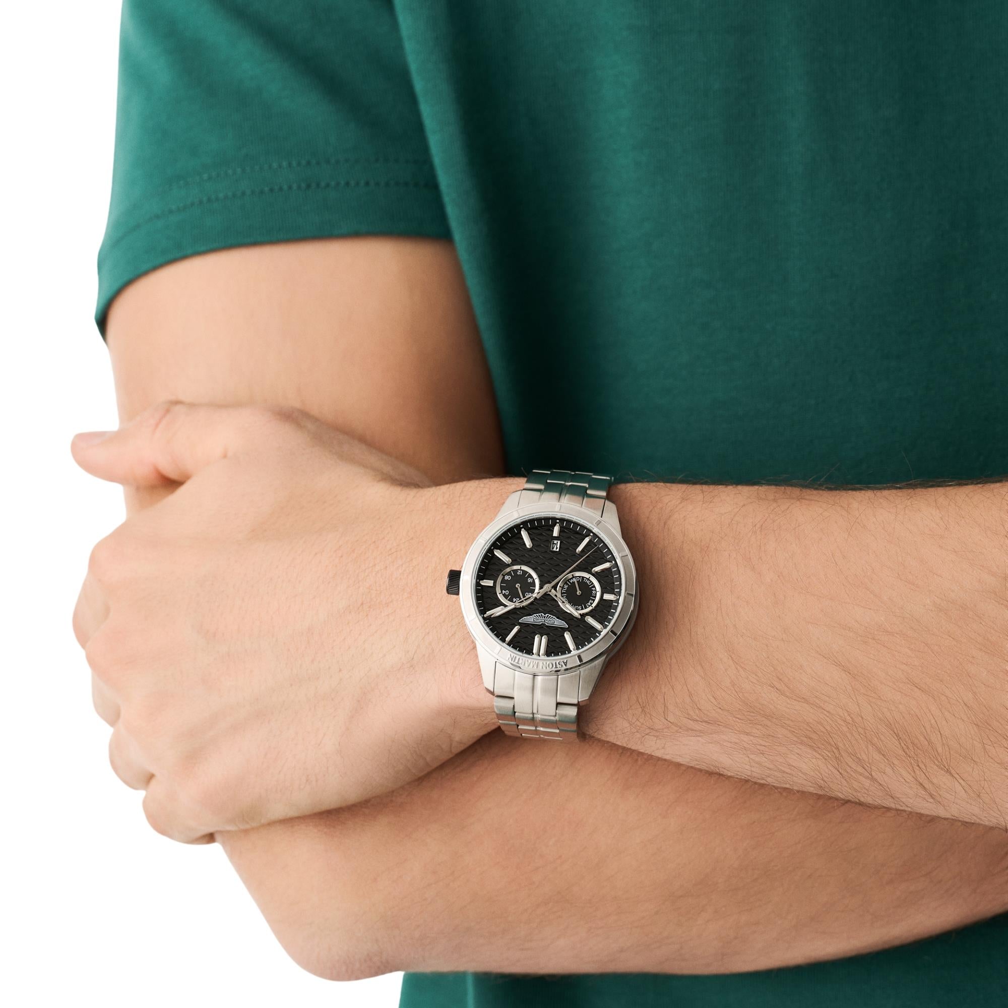 Aston Martin Icon HDL 42mm Chronograph RSST Case Black Dial RSST Bracelet Mens Quartz Watch MTIH2S603