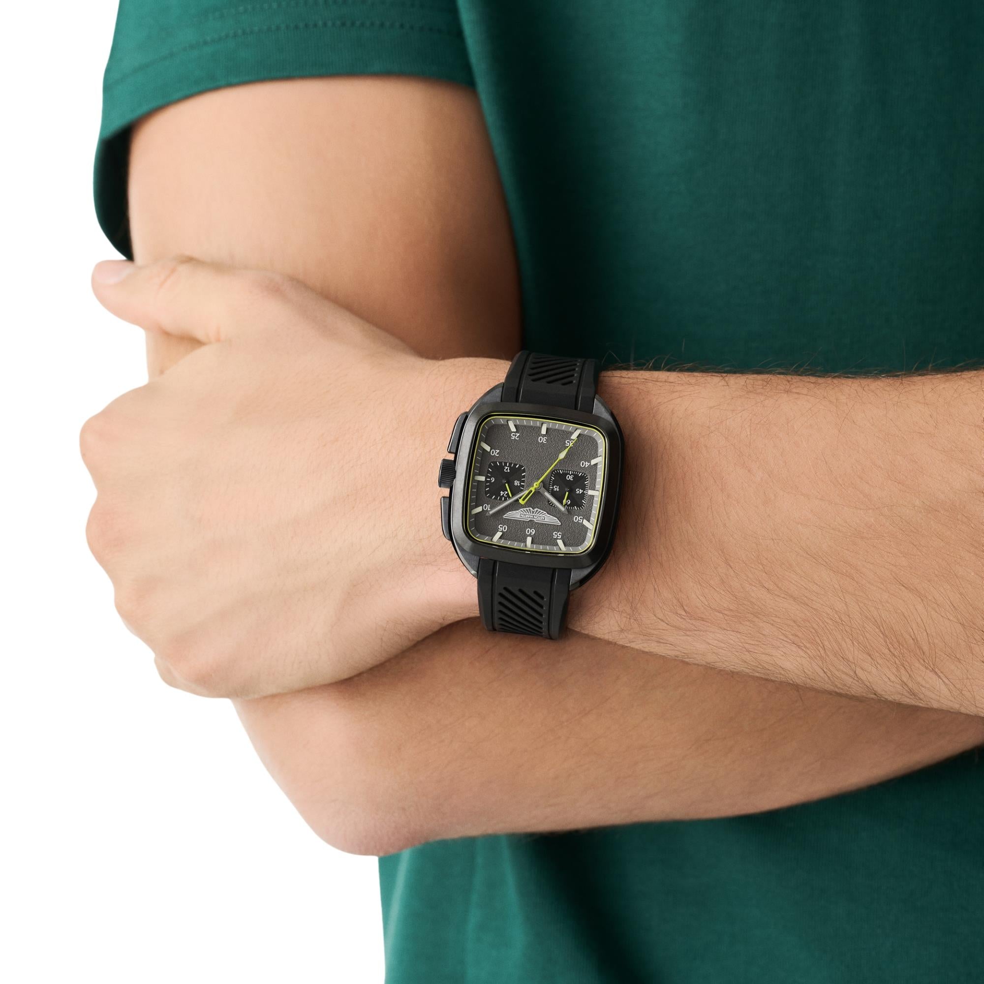 Aston Martin Icon ULT 40.5mm Chronograph IP Black RSST Case Grey Dial Black Silicone Strap Mens Quartz Watch MTIU1S605
