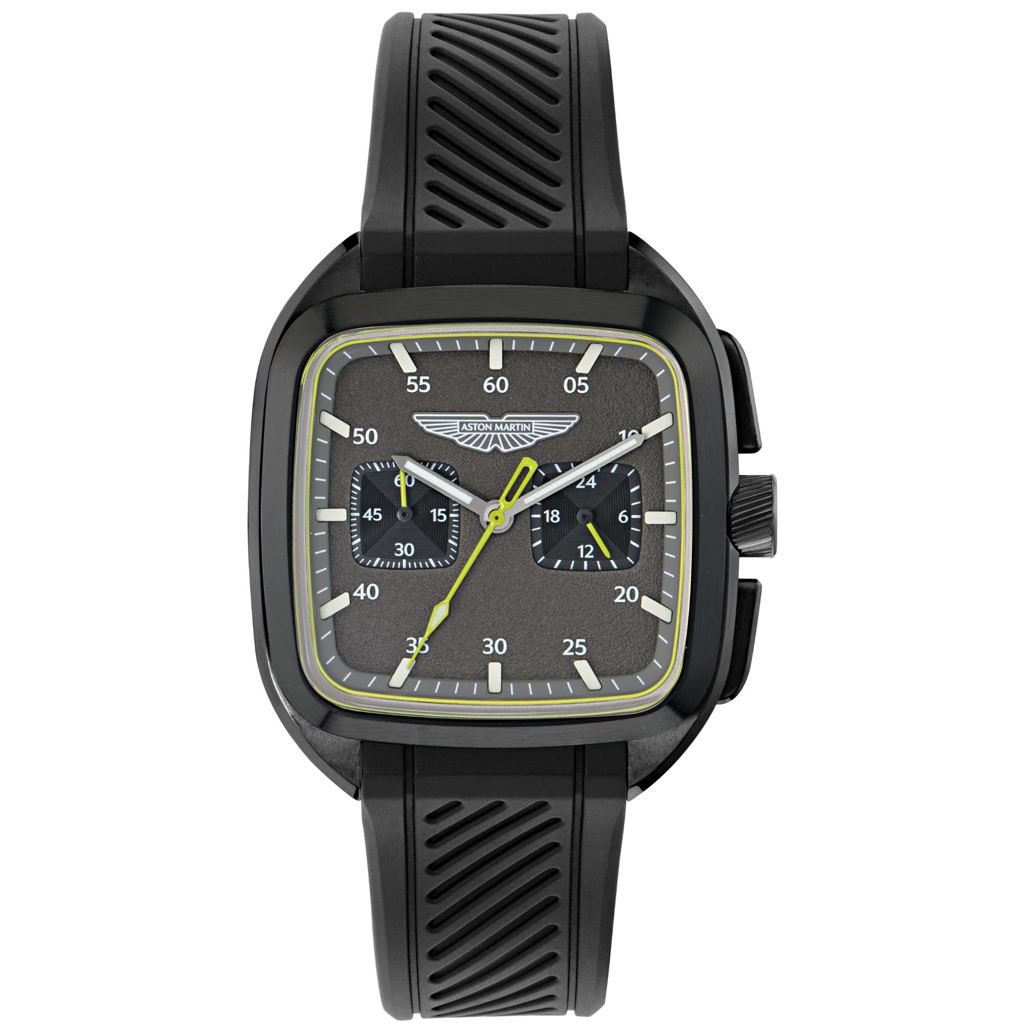 Aston Martin Icon ULT 40.5mm Chronograph IP Black RSST Case Grey Dial Black Silicone Strap Mens Quartz Watch MTIU1S605