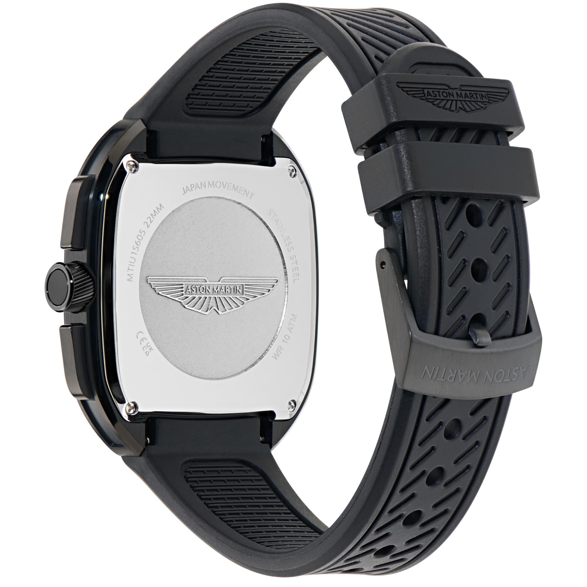 Aston Martin Icon ULT 40.5mm Chronograph IP Black RSST Case Grey Dial Black Silicone Strap Mens Quartz Watch MTIU1S605