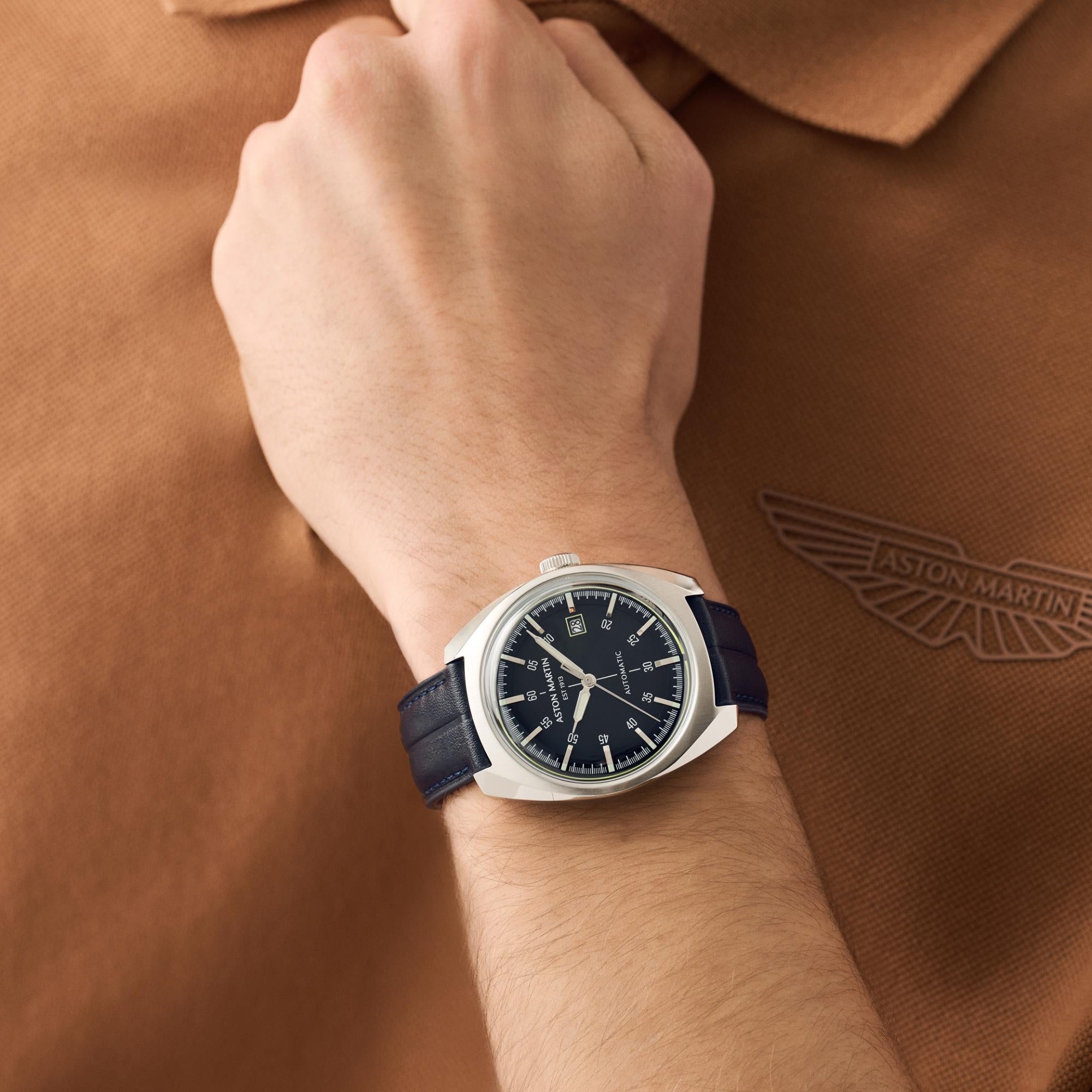 Aston Martin Timeless TS2 41mm RSST Case Blue Dial Blue Leather Strap Mens Automatic Watch MTTS2S604