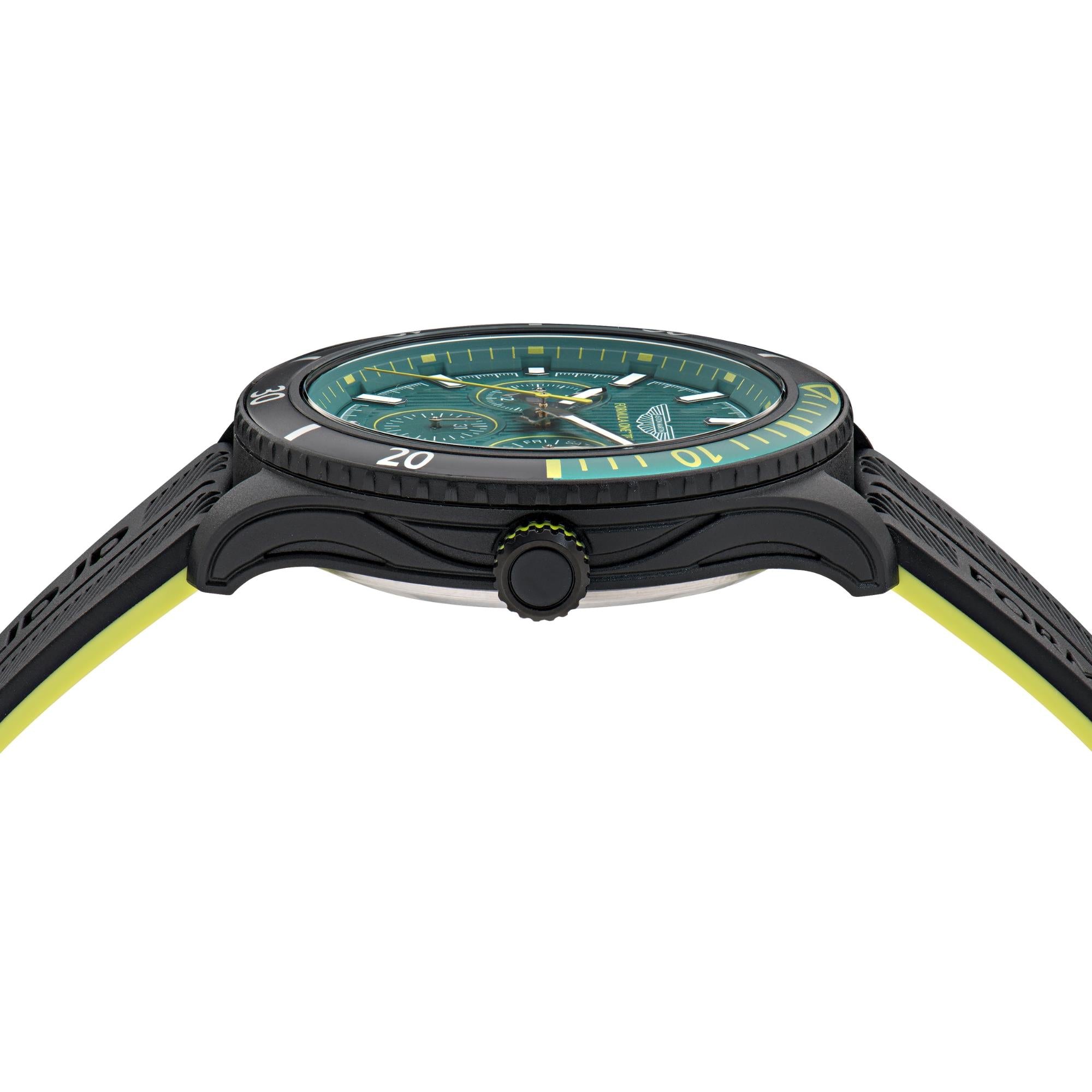 Aston Martin Formula One Team 46mm Chronograph Green Dial Black and Lime Essence Silicone Strap Mens Quartz Watch MTFP1F503