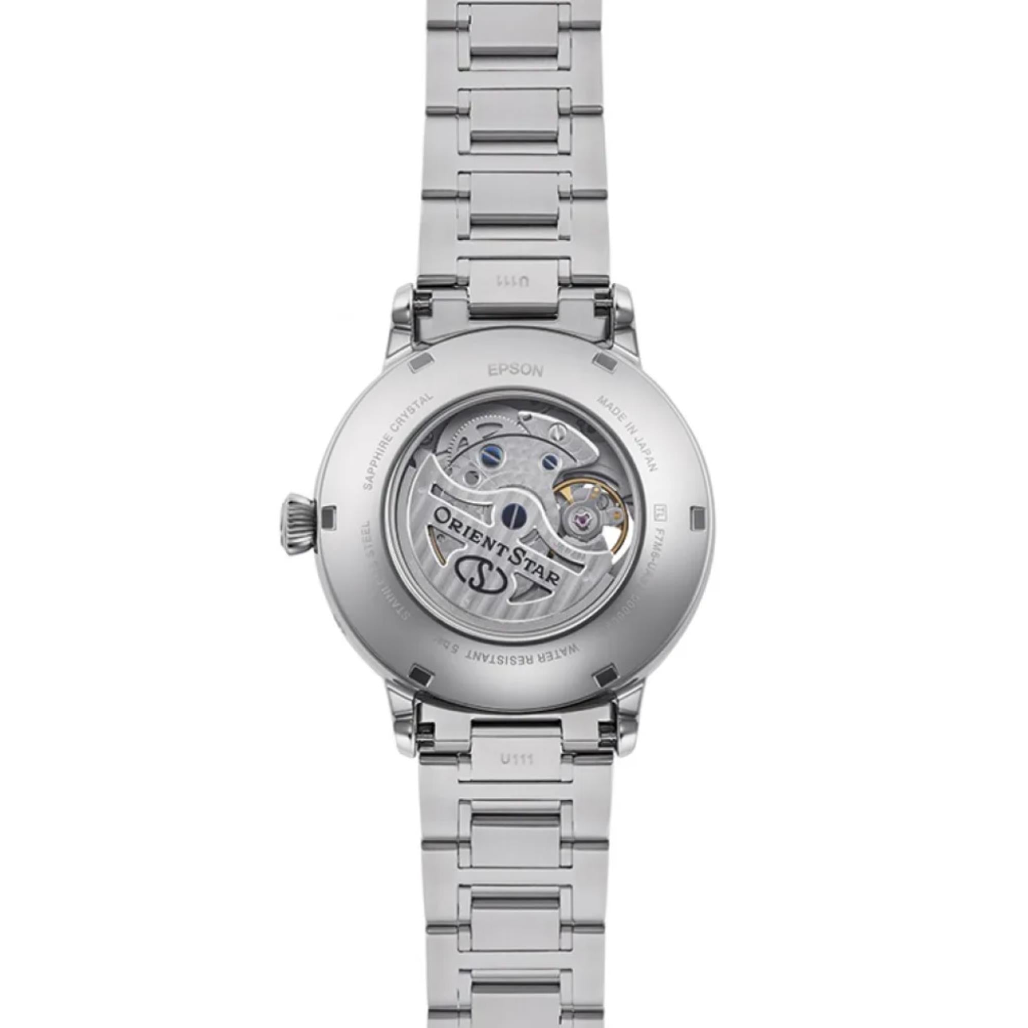 Orient Star RE-AY0103L00B exhibition caseback revealing movement
