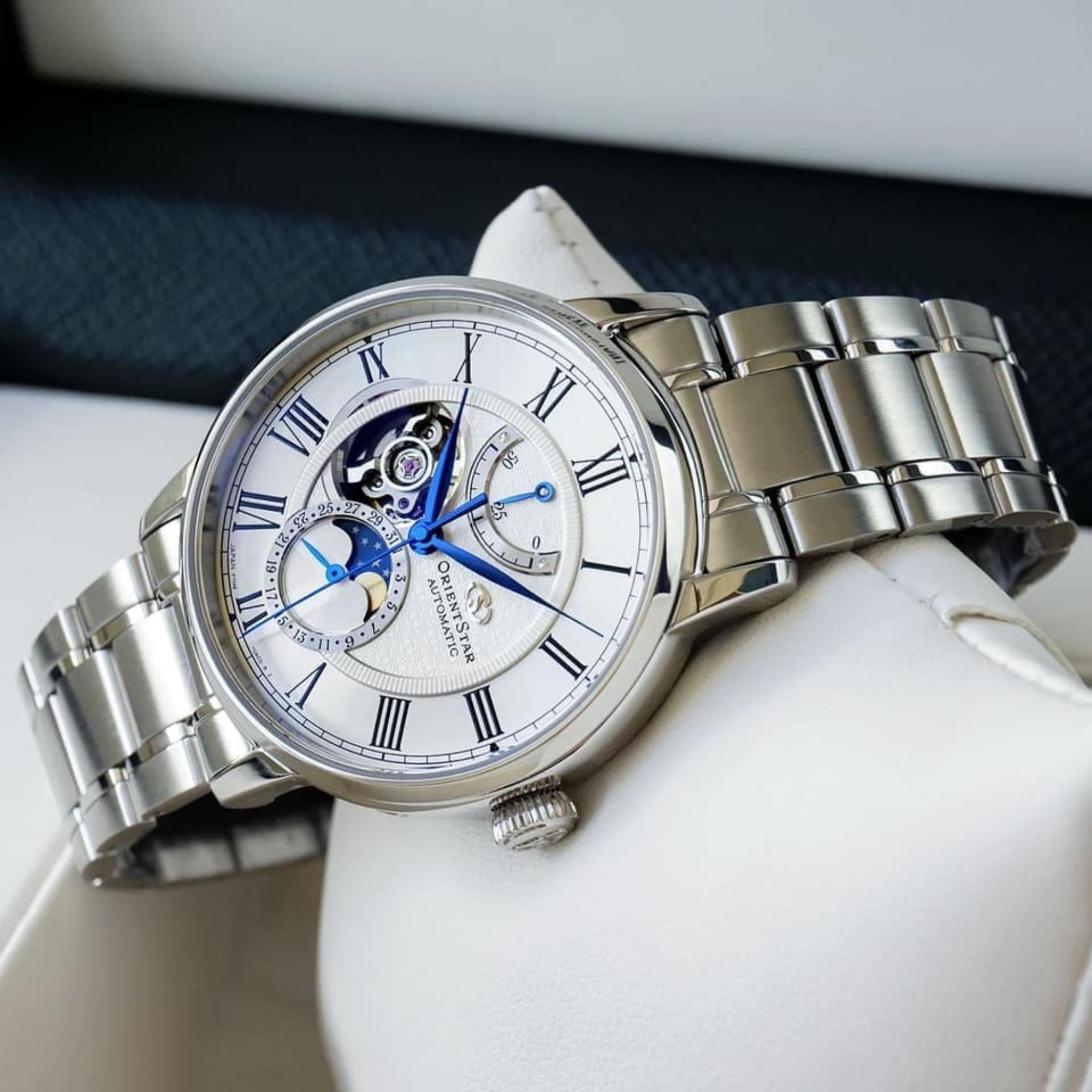 Orient Star Moon Phase 41mm Semi Skeleton White Dial Steel Mens Automatic Watch RE-AY0102S00B