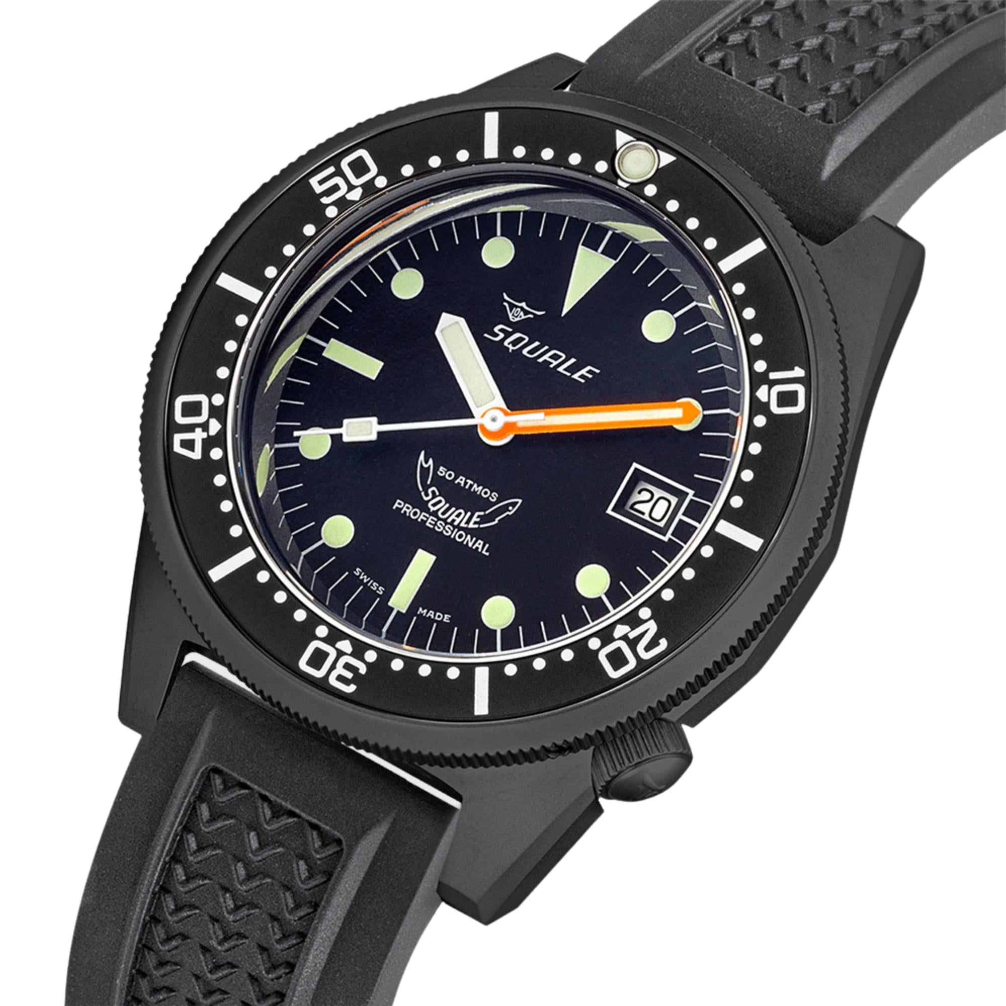 Squale 1521 DLC 42mm Black Dial Rubber Mens Automatic Watch 1521DLCBK.VO