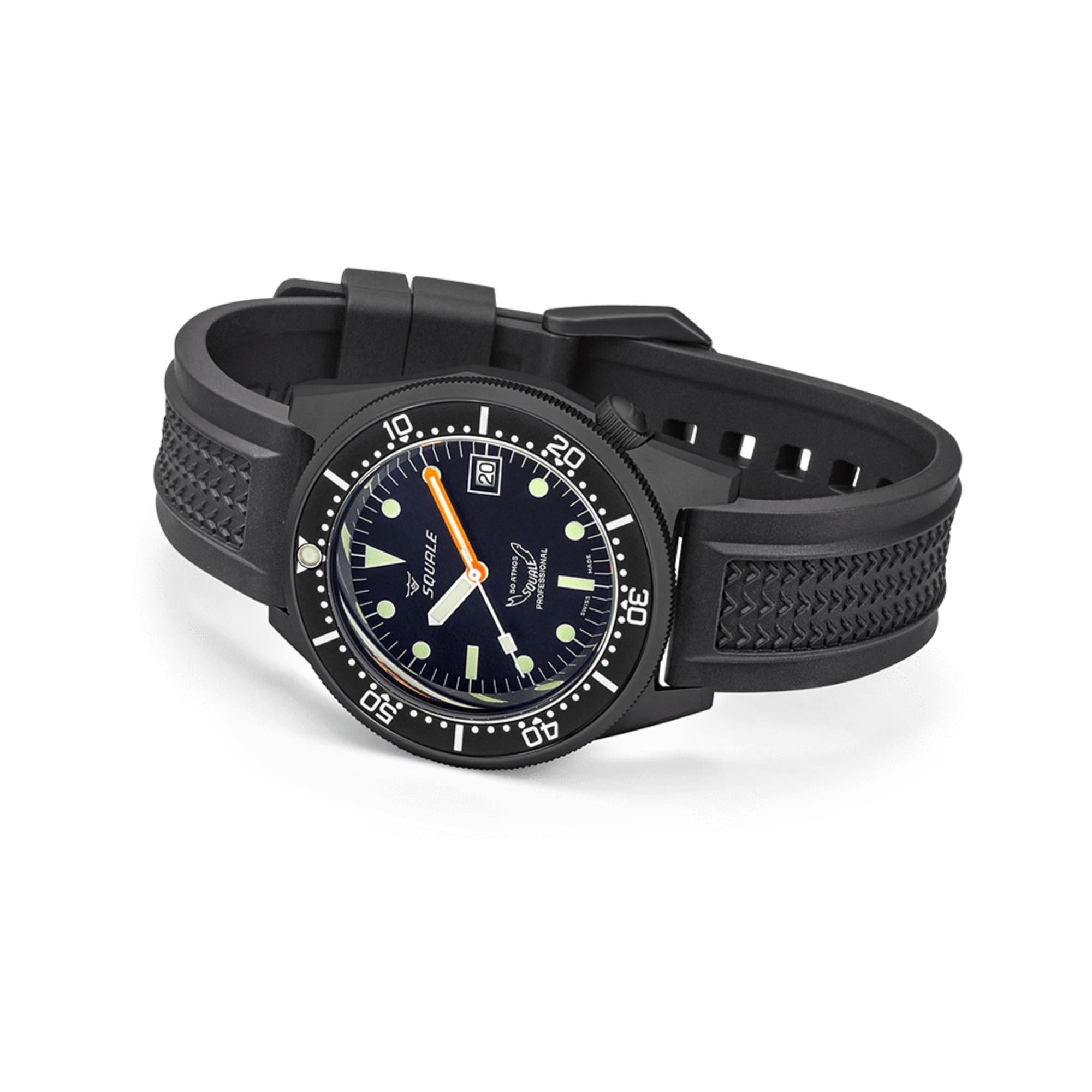 Squale 1521 DLC 42mm Black Dial Rubber Mens Automatic Watch 1521DLCBK.VO